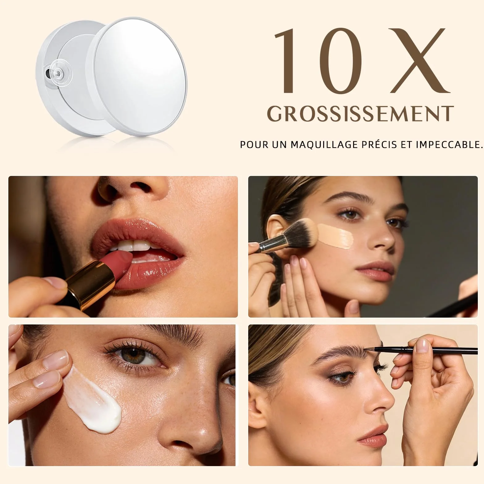 Miroir Coiffeuse de Maquillage 58×46 cm LED 15 Lampes Super HD Grossissement ×10 3 Couleurs Intensité Réglable USB