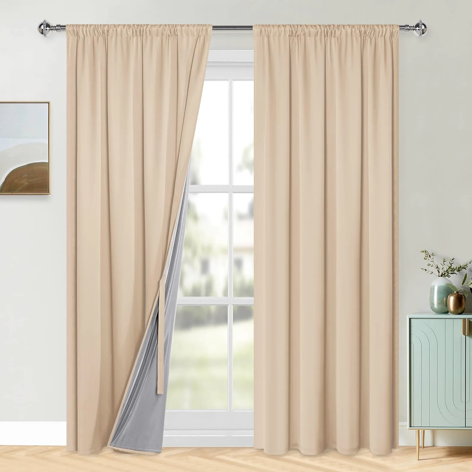 XWZO Lot de 2 rideaux 100 % opaques pour salon, avec galon fronceur, rideaux pour chambre à coucher, double épaisseur occultants, thermiques, protection contre le froid, 245 x 140 cm (H x l) - Crème