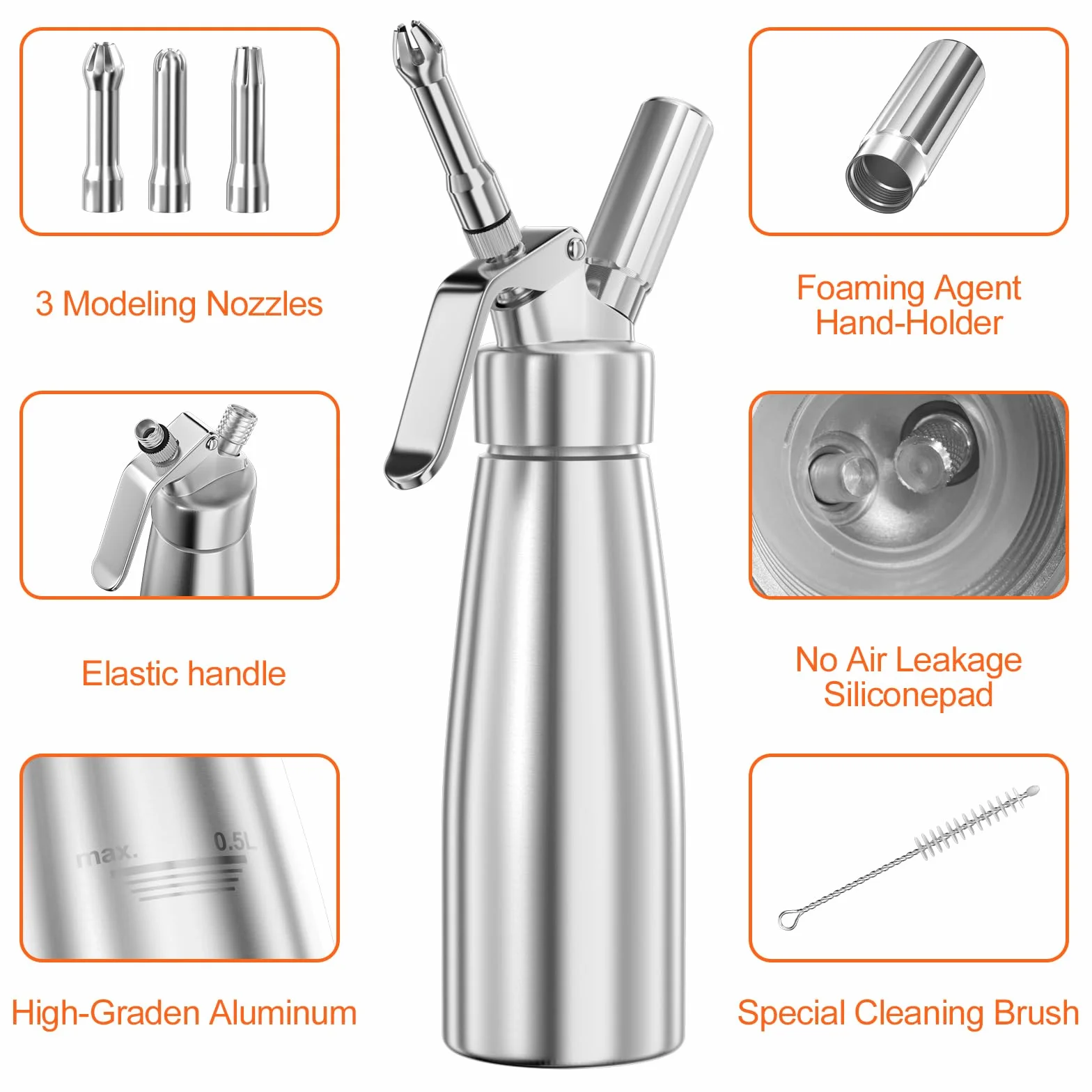 Newaner 500ml siphon chantilly crème aluminium avec 3 douilles acier inoxydable brosse nettoyage