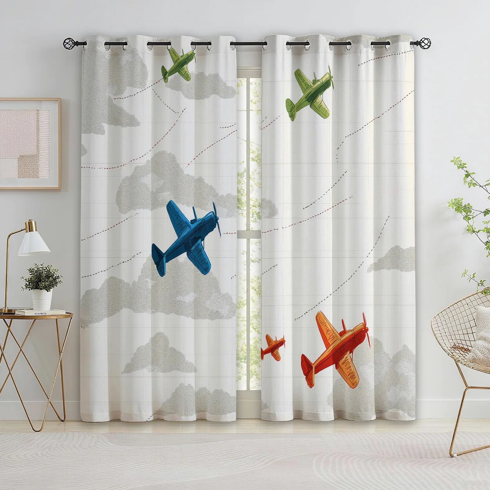 Rideau Occultant Isolants Thermiques À Oeillets Transport Avion Nuages, 110 x 215 cm Lot de 2 Rideaux Thermiques Isolants Anti Froid Imprimé pour Salon Chambre Bebe Enfant, Beige