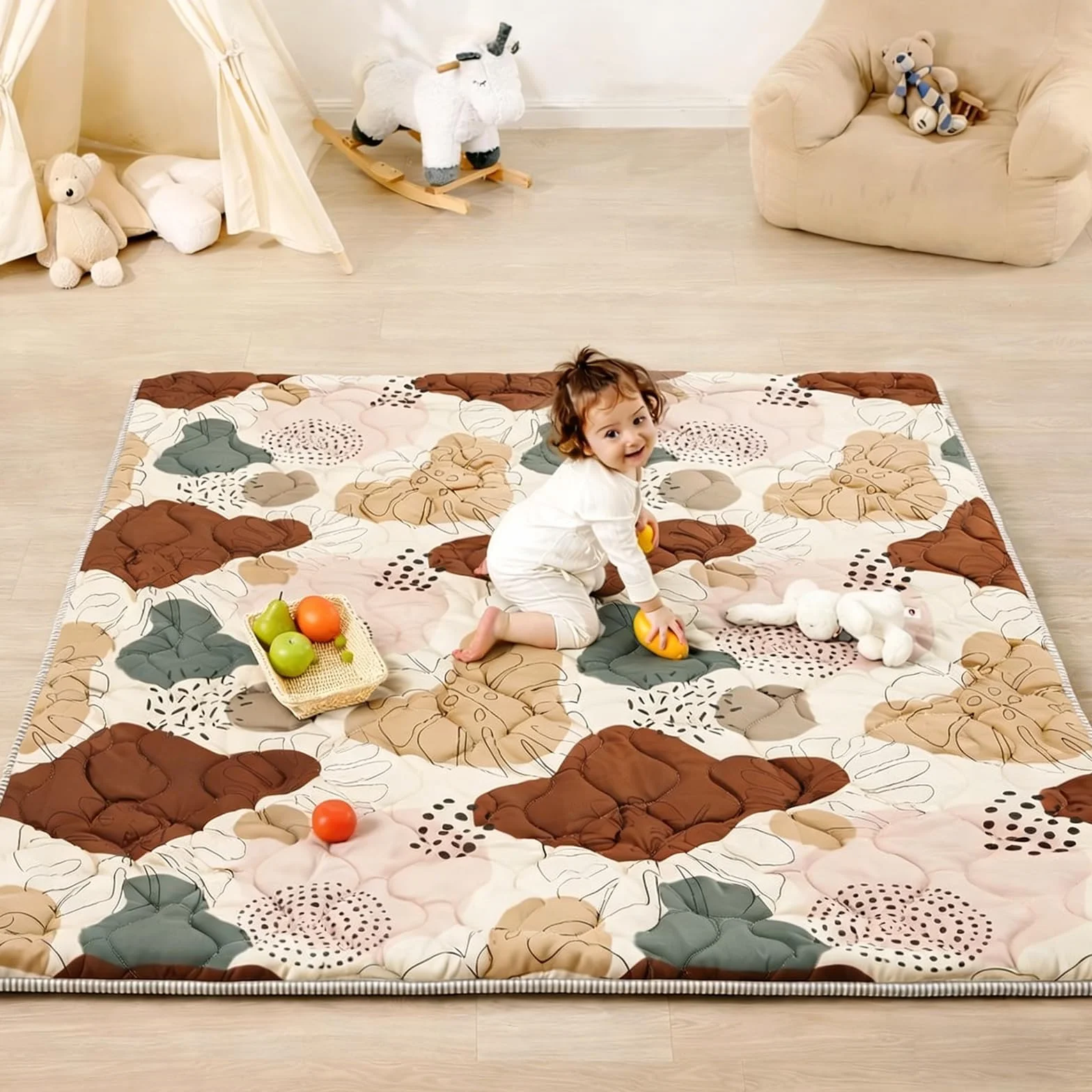 Tapis d'éveil Bébé 127x127cm Antidérapant Lavable en Machine Pliable Style Bohème