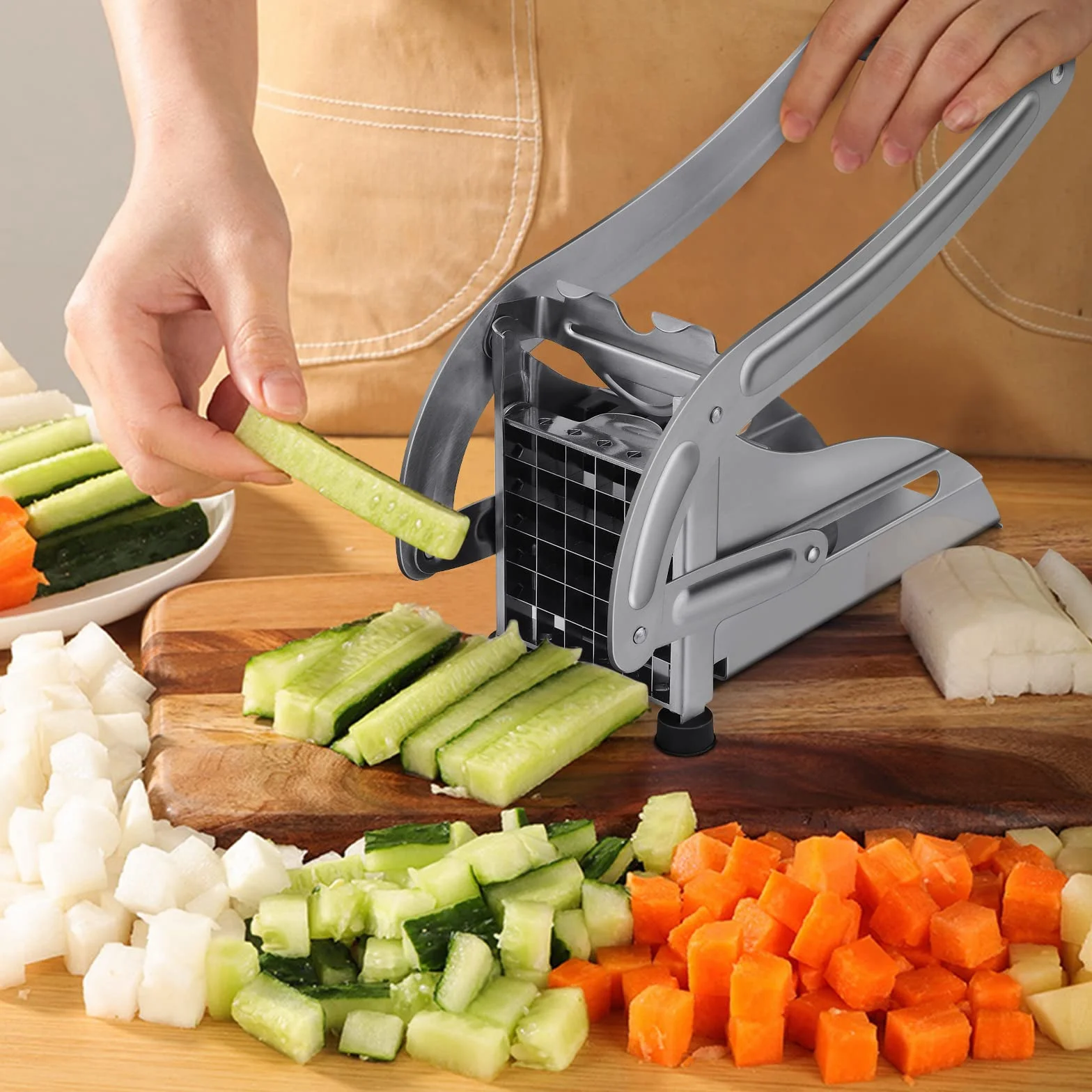 Professionnel Coupe Frite Manuel avec 2 Lames Antidérapante, Coupe-Légumes Accessoires Friteuse