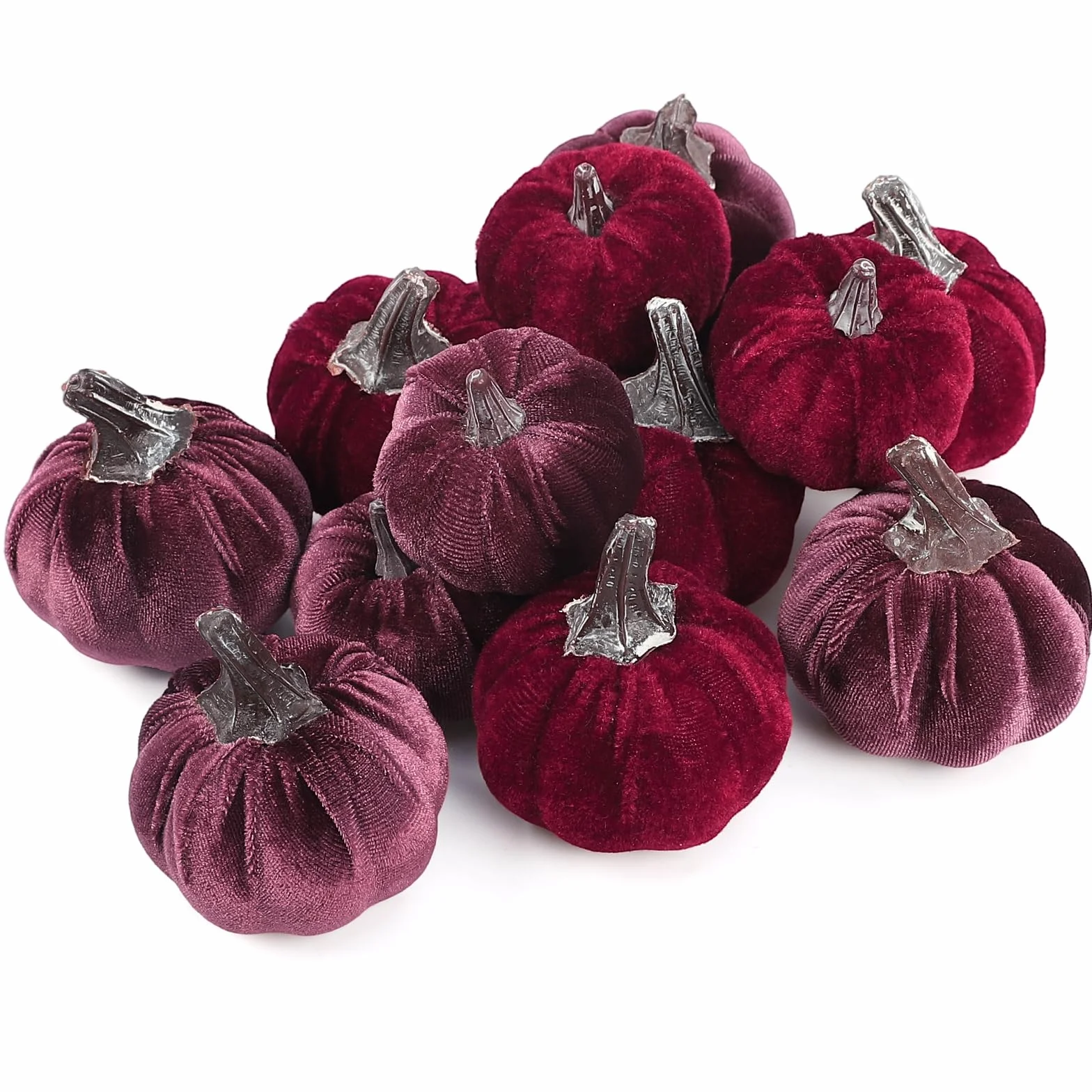 Lot de 12 citrouilles artificielles en velours 2 tailles Halloween décoration de table bordeaux violet