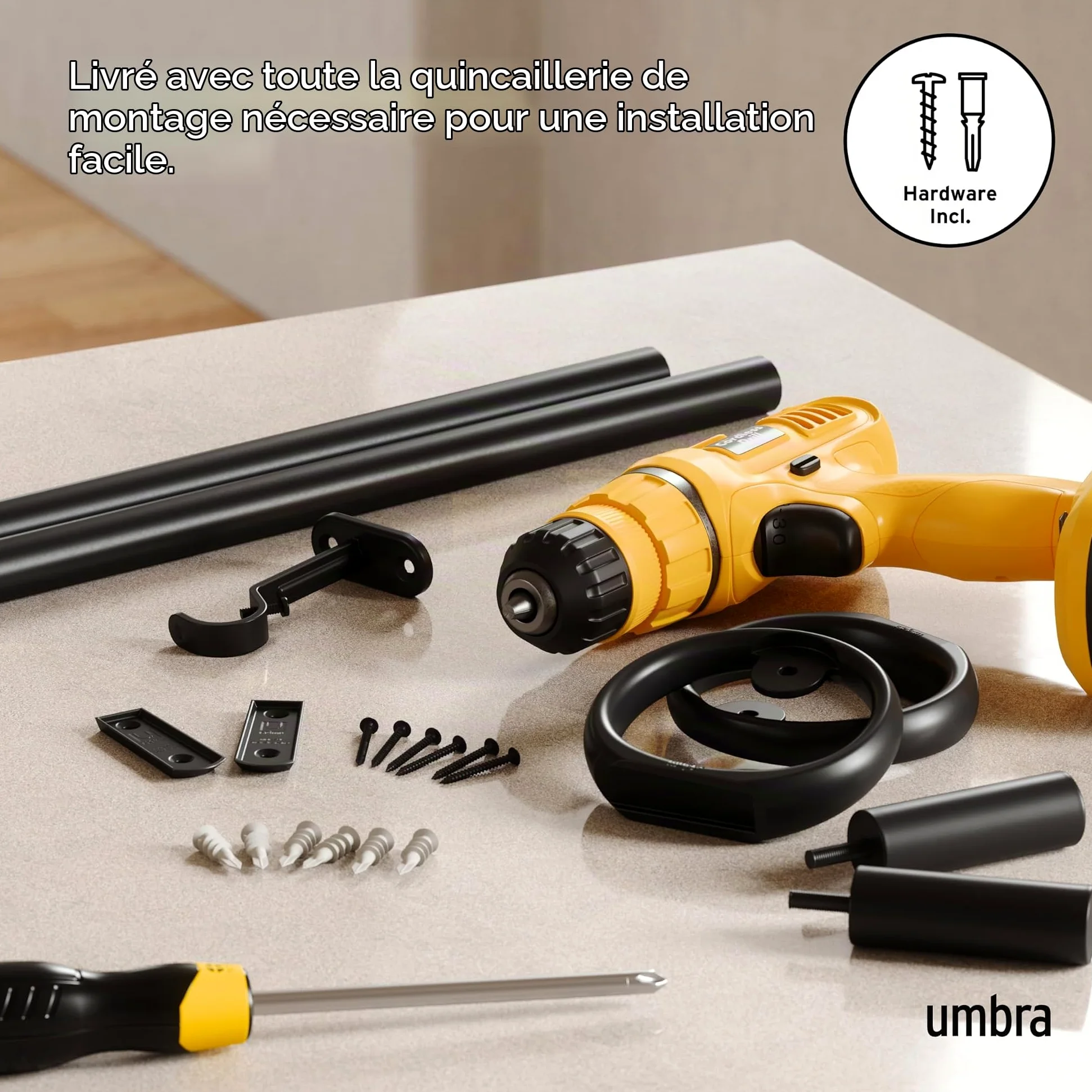 Umbra Ringlet Tringle à Rideaux Extensible, 2,5cm, 107-305 cm, 2 Embouts, Supports Muraux et Matériel De Fixation Inclus, Noir mat