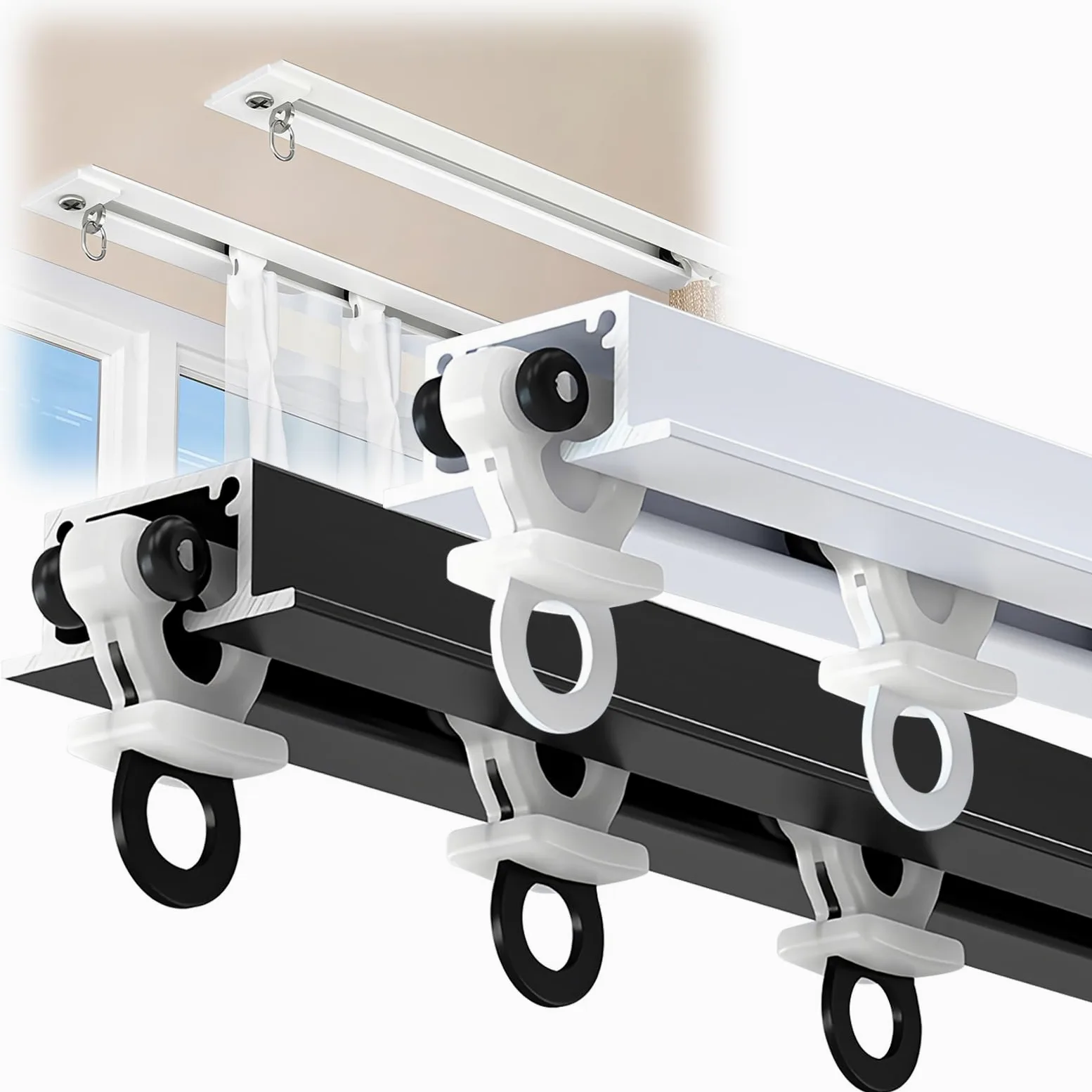 Tringle à rideau Encastré Avec Rouleau, Rail de plafond pour rideaux Caché, Rail de rideau Aluminium, Facile À Installer, pour Hôtel, Fenêtres, Chambre, Salon(Black,1m/3.28FT)