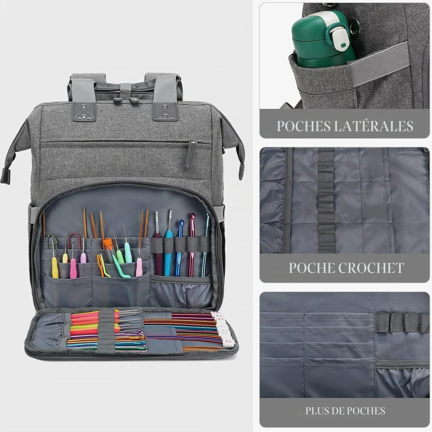 LTINVECK Sac à dos au crochet, sac à tricot, sac à dos de rangement pour fil de fer, sac de voyage avec port de charge USB, grand sac fourre-tout