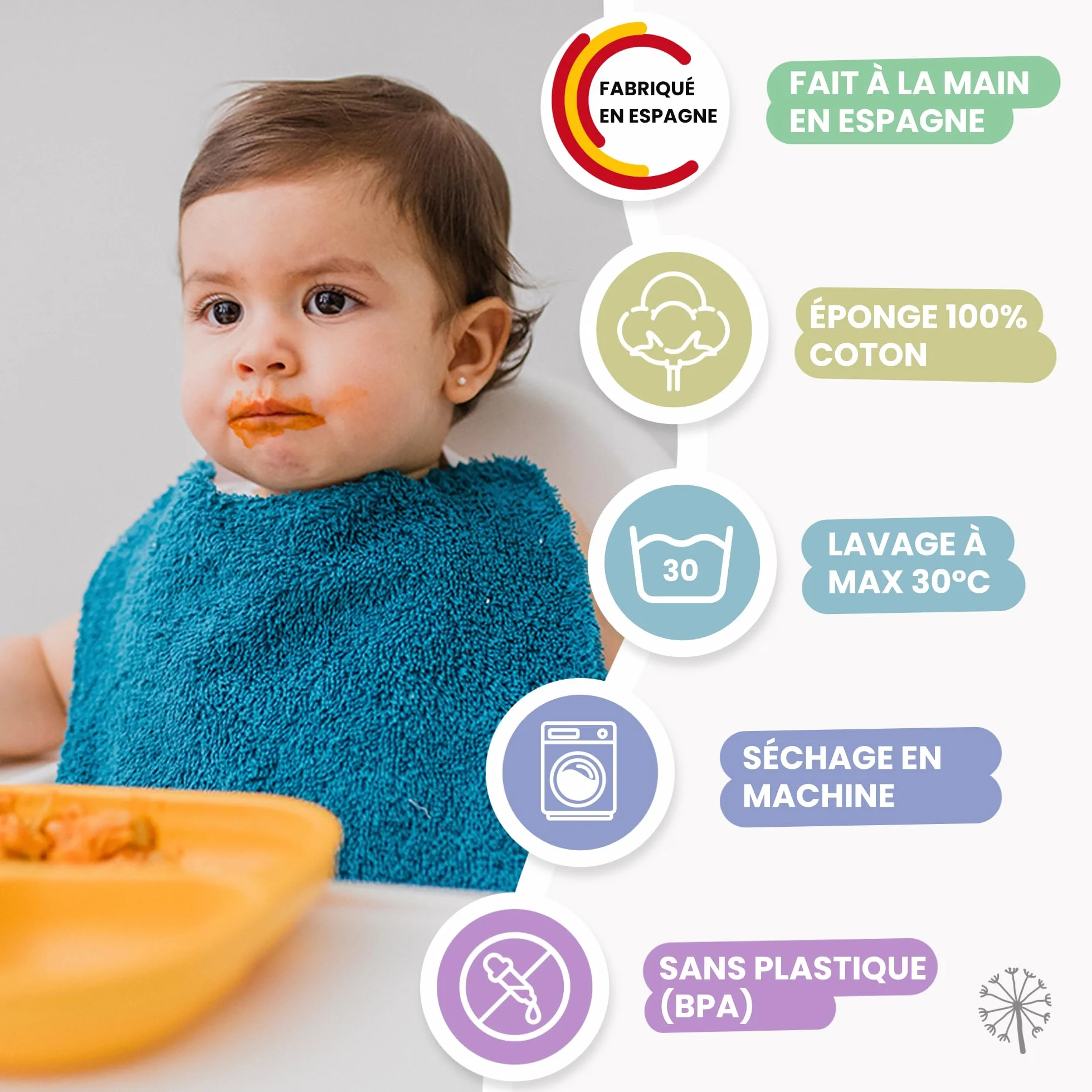 Bavoirs Bébé Imperméables Réutilisables Coton Premium Lot de 5 avec Élastique au Cou Fabriqué en Espagne