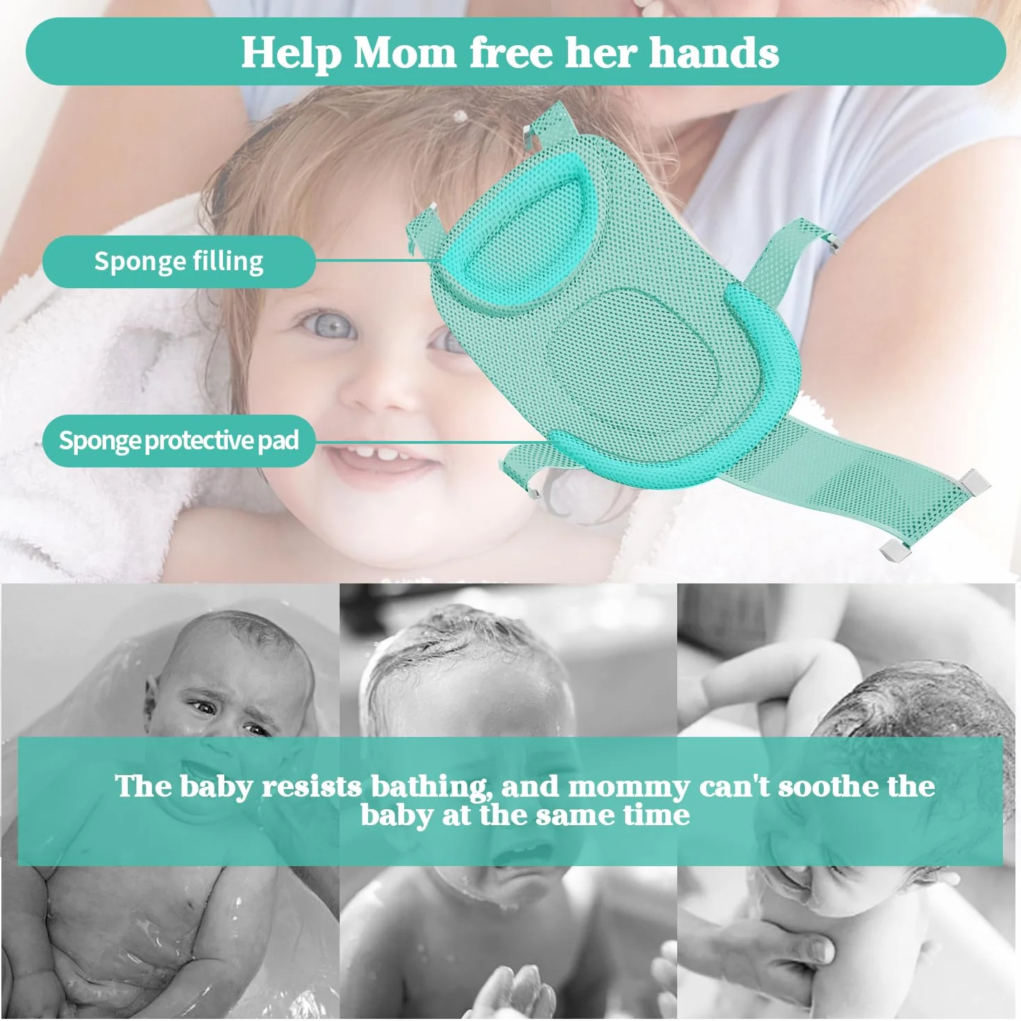 Siège Douche Nouveau-Né Maille Confortable Antidérapant Poche Plateau Vert Clair Tapis Bébé 1 Pièce