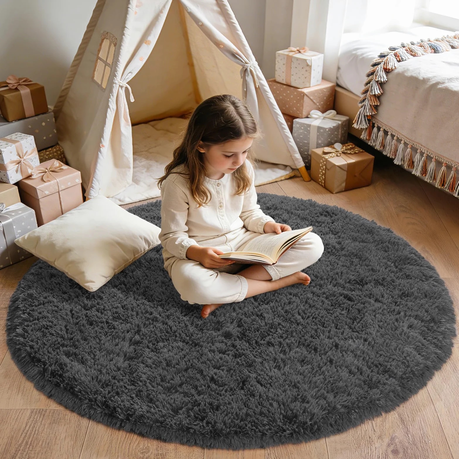 Tapis rond à poils longs pour chambre à coucher, salon, dortoir, gris foncé, blanc, 160 cm