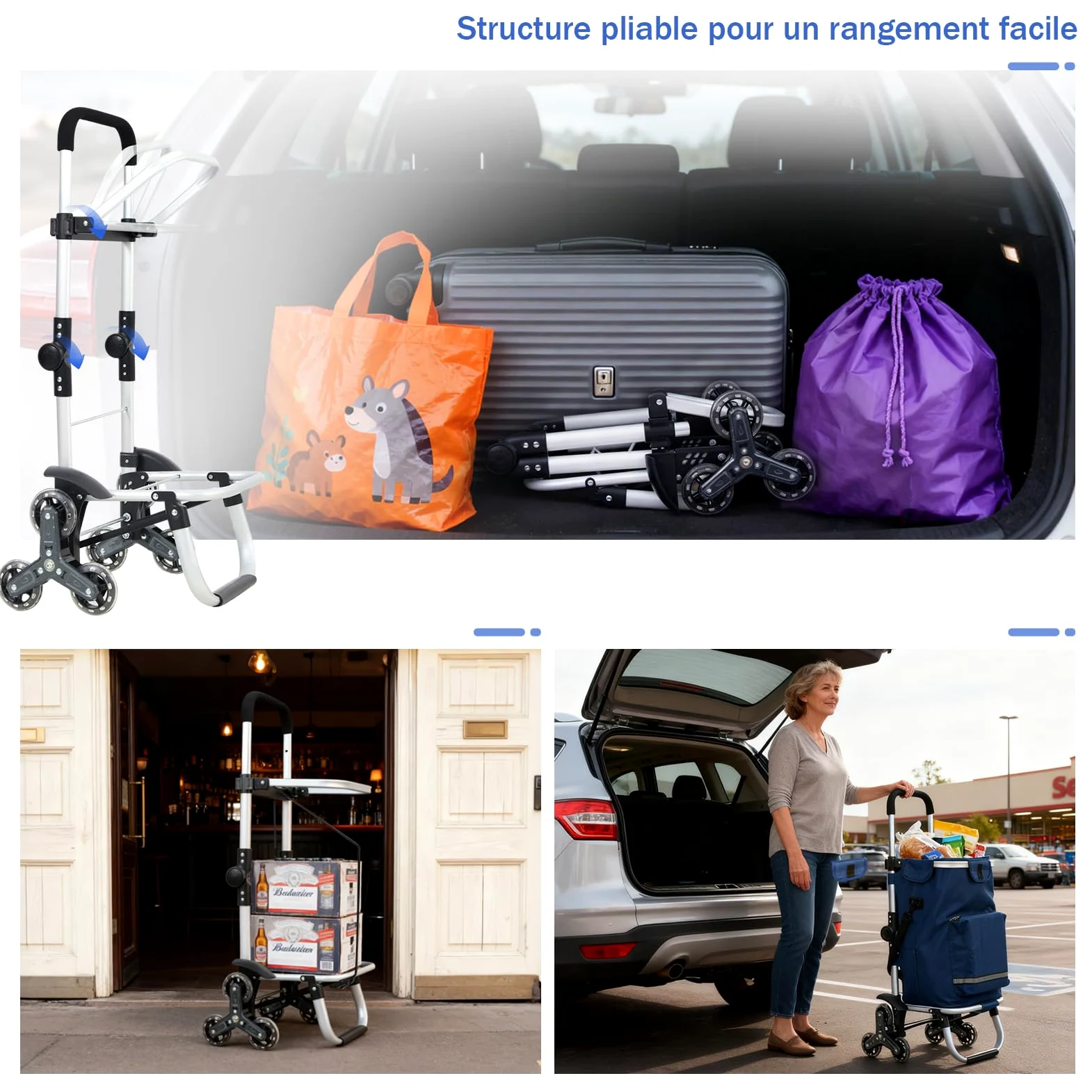 Sekey Chariot de Courses 3 Roues Monte Escalier Pliable 3 en 1, Caddie Isotherme avec Sac Amovible, Diable et Trolley, Grande Capacité, Léger et Solide, Idéal Courses et Seniors – Bleu