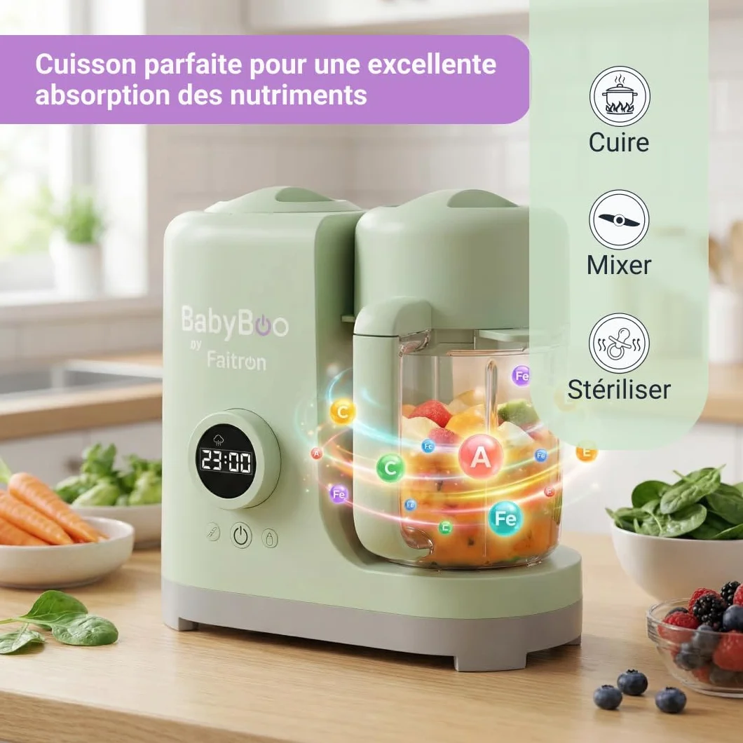 BabyBoo Robot Pappa 7-en-1 Cuisson vapeur mixage 20 min 300 W chauffe-biberon stérilisateur verre Tritan acier inoxydable écran digital