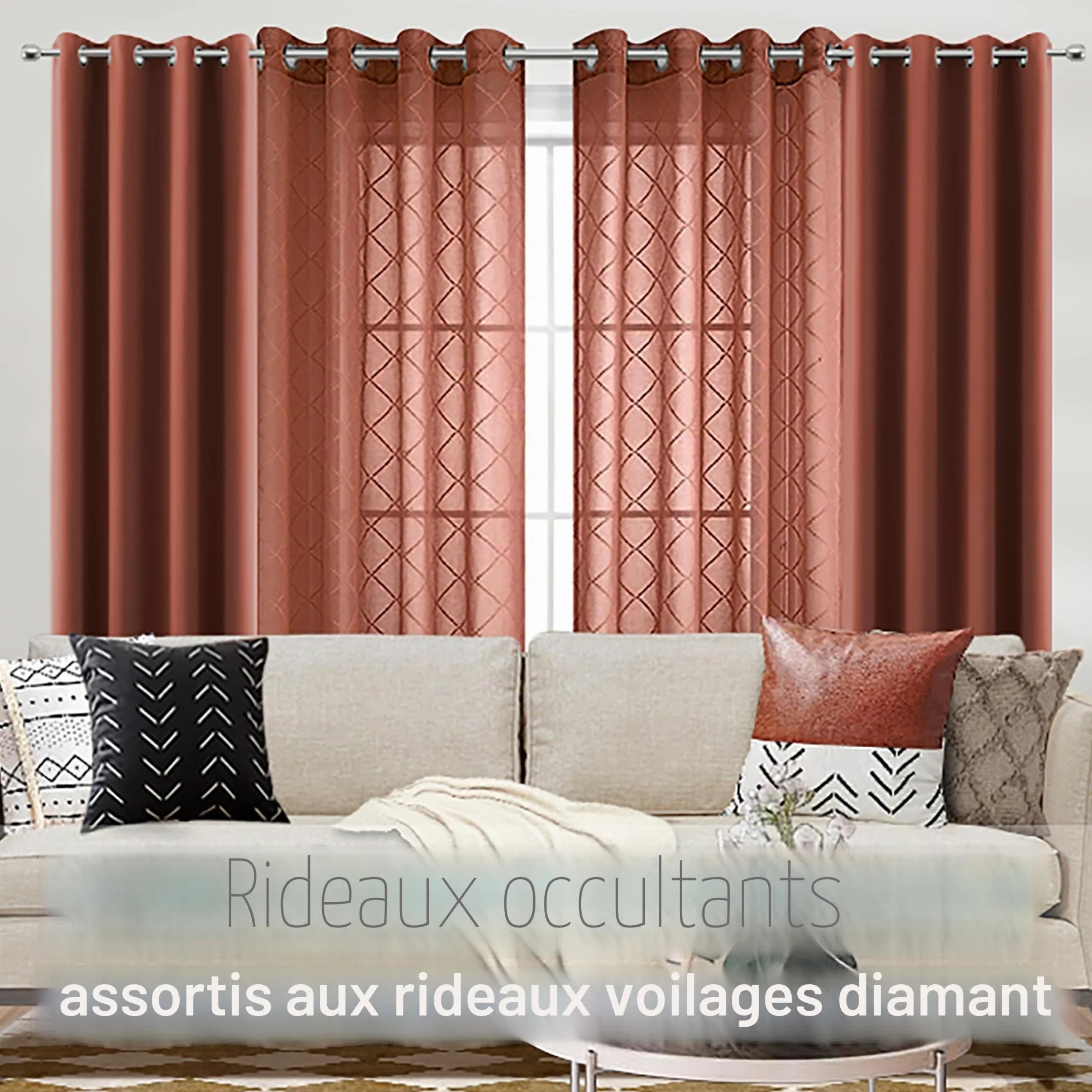 Lot de 2 Rideaux Transparents de 160 cm à œillets texturés en Lin Semi-intimité filtrant la lumière pour Chambre à Coucher, Salon, Orange brûlé, Rouille, Terre Cuite
