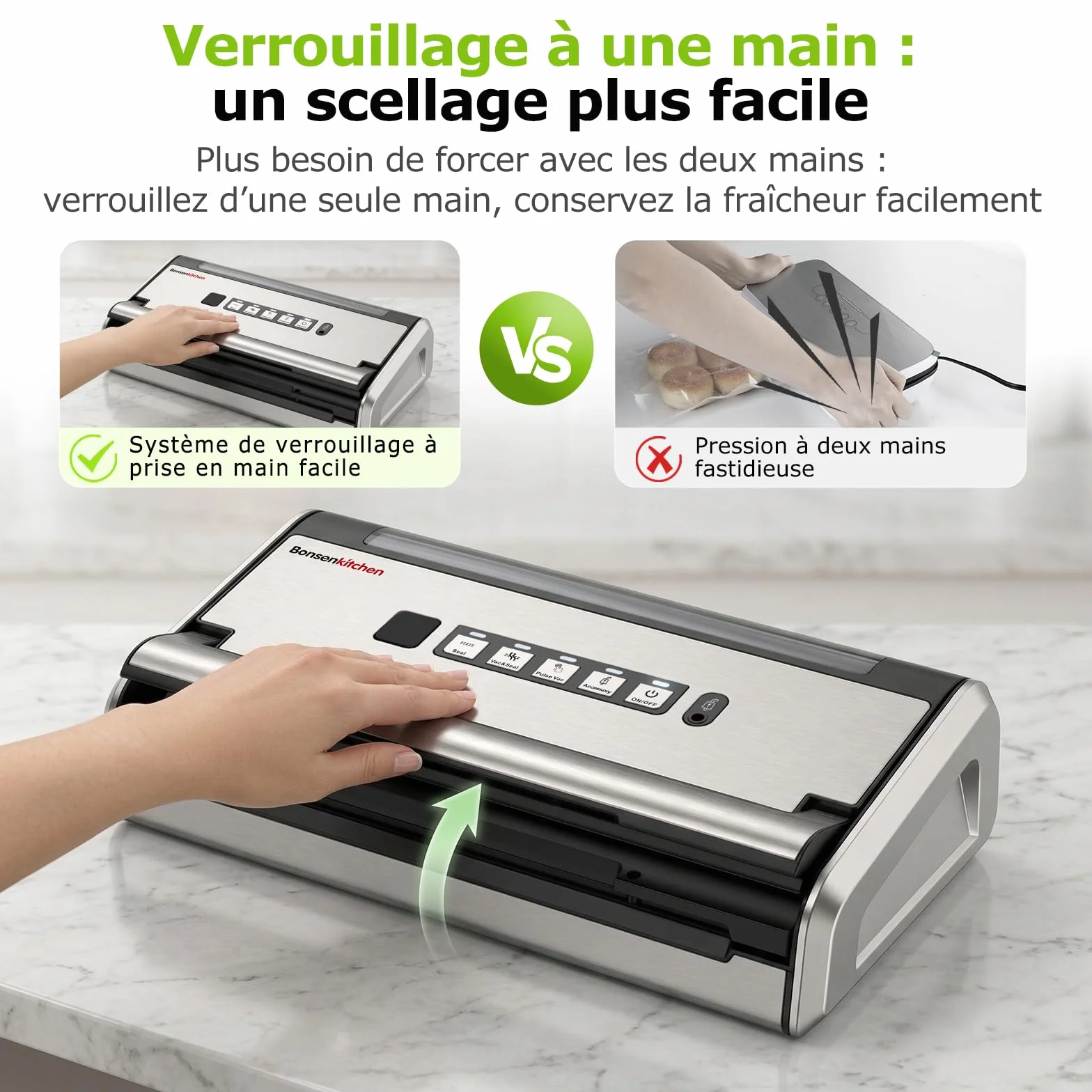 Bonsenkitchen Machine Sous Vide, 5mm Soudure Large Anti-Fuite, Acier Inoxydable, Une Main & Pulse Sec/Humide, VS4200