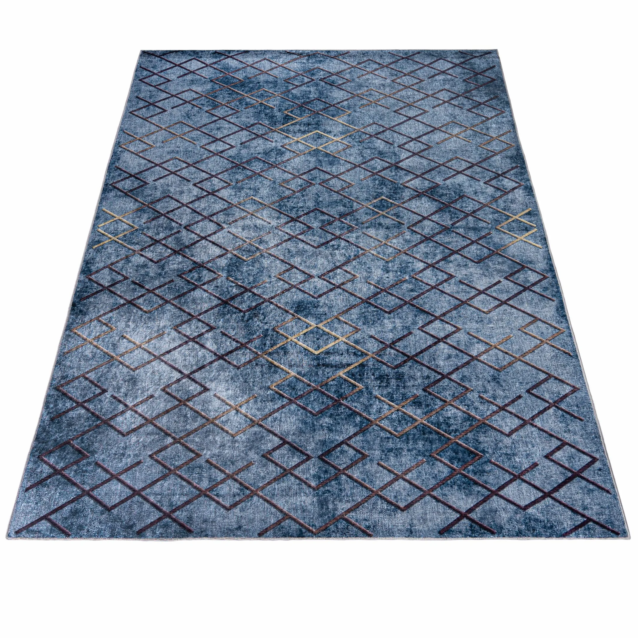 Mazovia Grand Tapis Salon 160x230cm Bleu Géométrique Élégant Antidérapant | Tapis pour Chambre Salle à Manger Bureau Lavable en Machine Anti-Allergène Chauffage au Sol Facile D'entretien Poils Courts