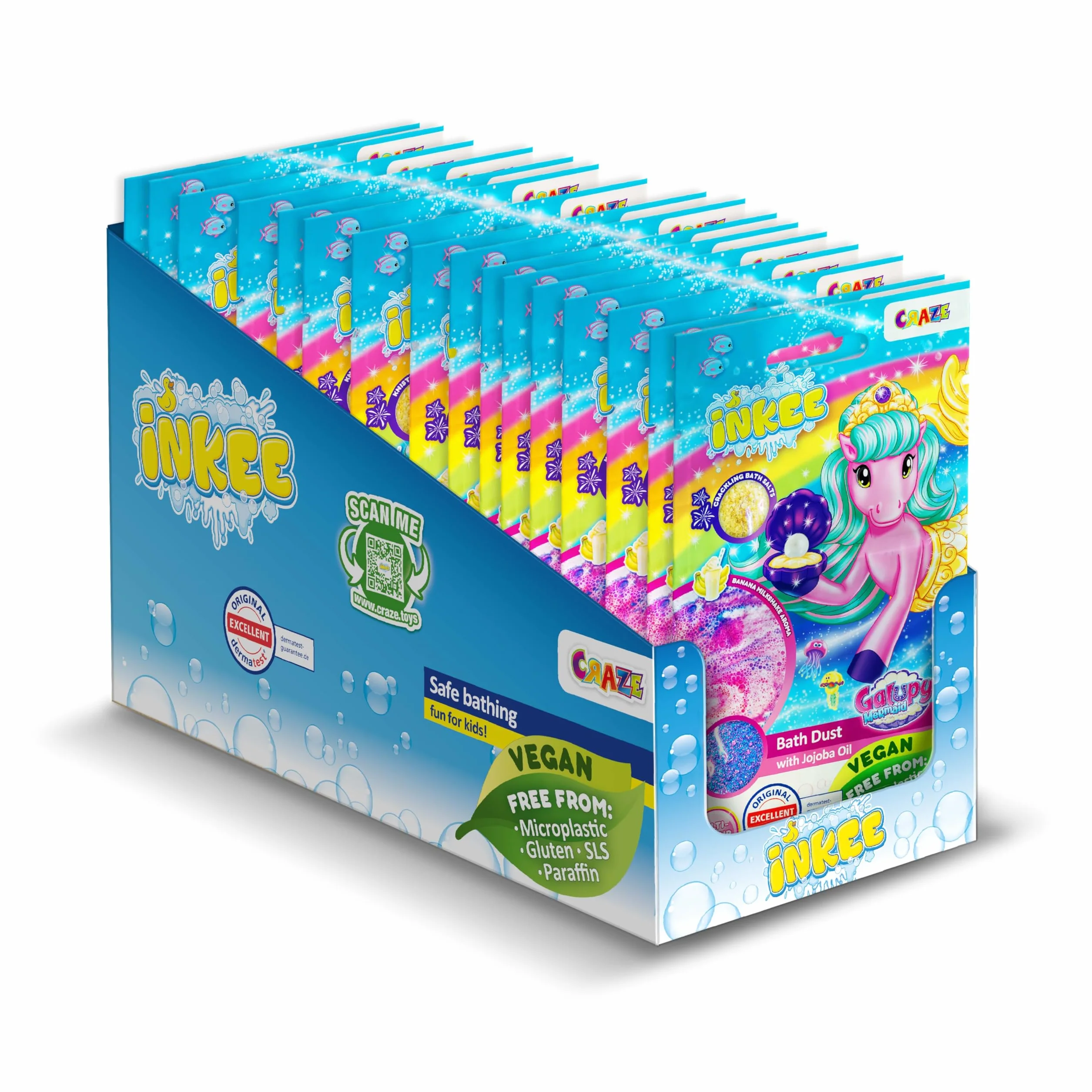 INKEE Granulés de Bain Galupy Mermaid Pack de 16 Sels de Bain Crépitants Rose Bleu Violet Huile de Jojoba Arôme Milkshake Banane 16 Sachets 60g