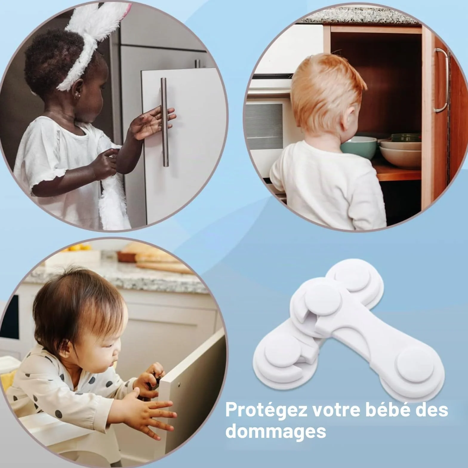 Lot de 6 verrous d'armoire de sécurité pour enfants, sans perçage, blanc, adhésif puissant