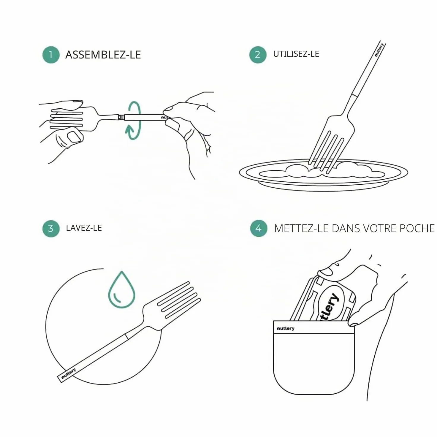 Outlery | Set de Couverts de Voyage Portables et Réutilisables en Acier Inoxydable (Argent Brut) - Étui de Voyage Inclus pour un Transport Facile