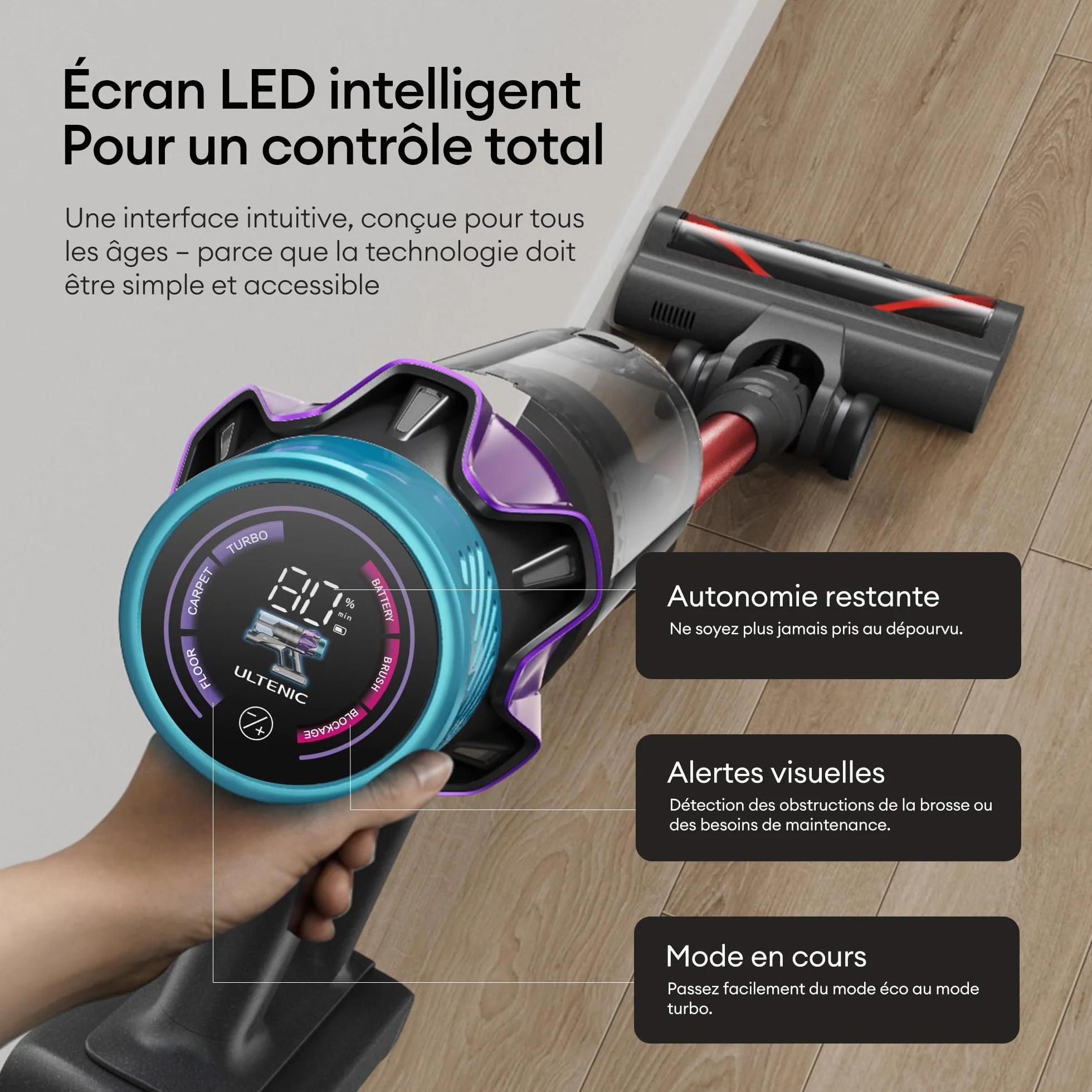 Ultenic U18 Pro Aspirateur Balai sans Fil 55kPa 80min HEPA H13 Poils d'animaux