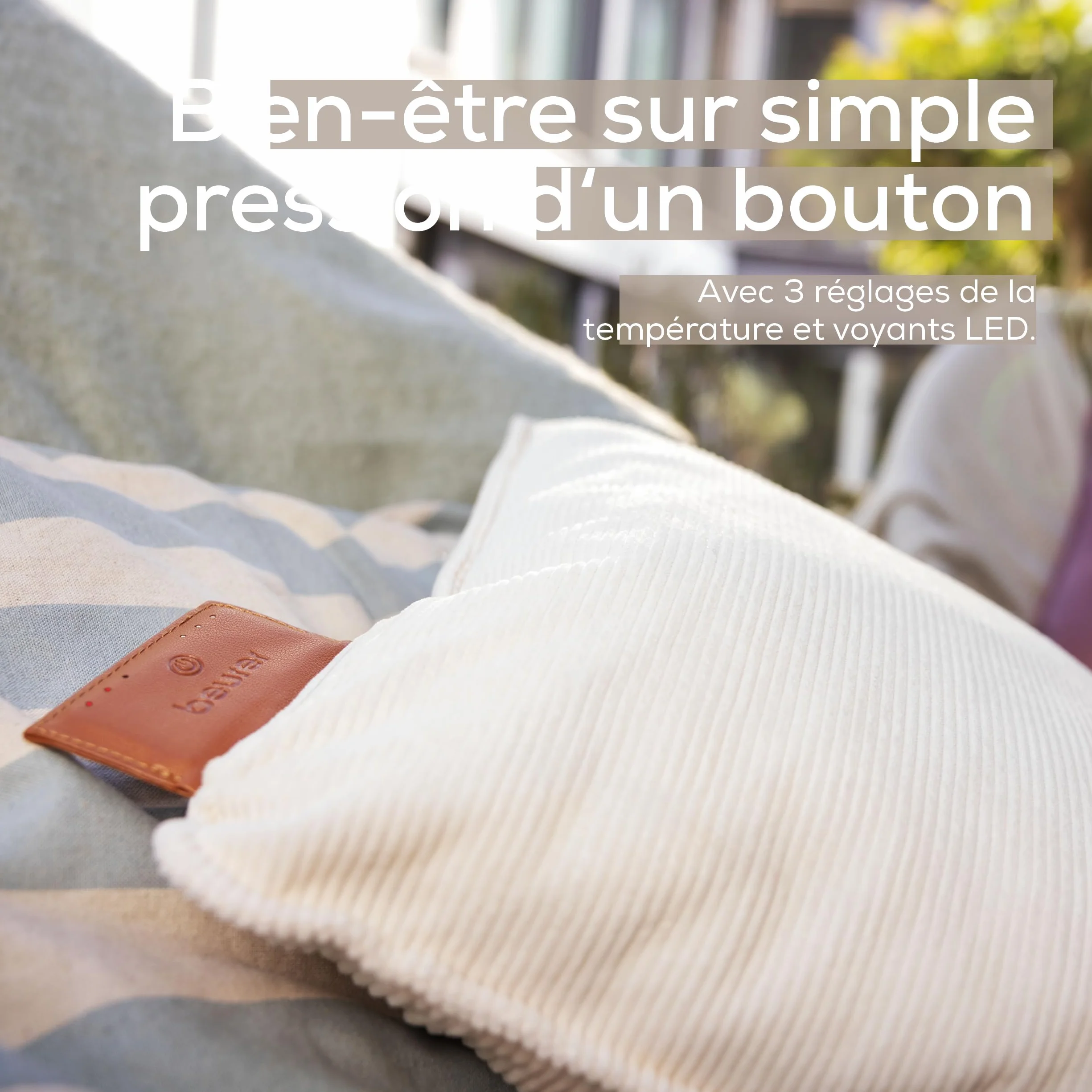 Beurer Coussin chauffant sans fil avec batterie, arrêt automatique, 3 réglages température, velours côtelé doux, blanc
