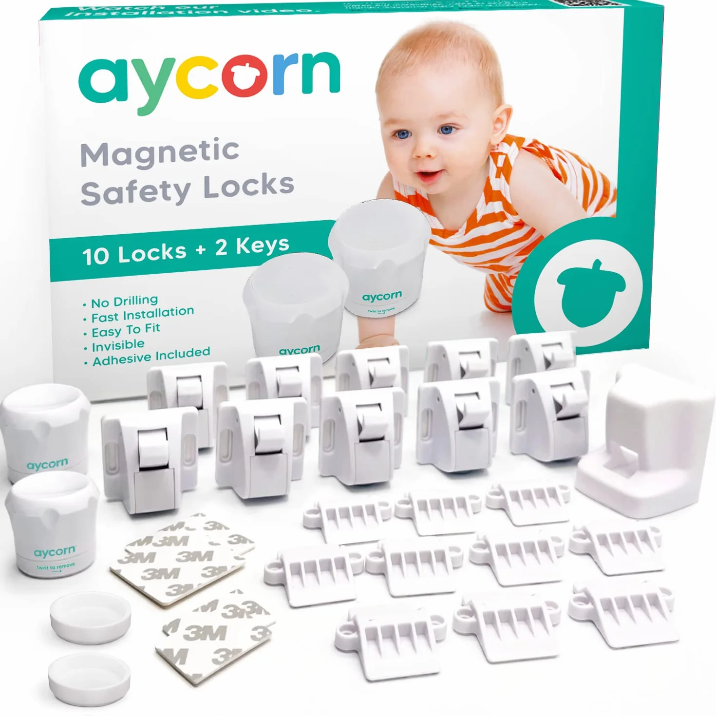 Aycorn Verrous Magnétiques de Sécurité pour Bébés, 10 loquets et 2 clés, Bloque Porte Placard