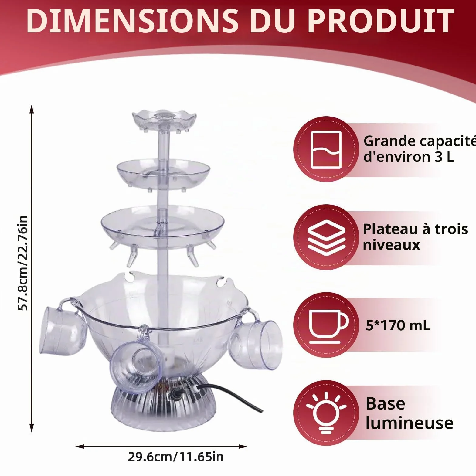 Fontaine de fête transparente à 3 niveaux 4 l avec gobelets réutilisables en acrylique socle éclairé LED