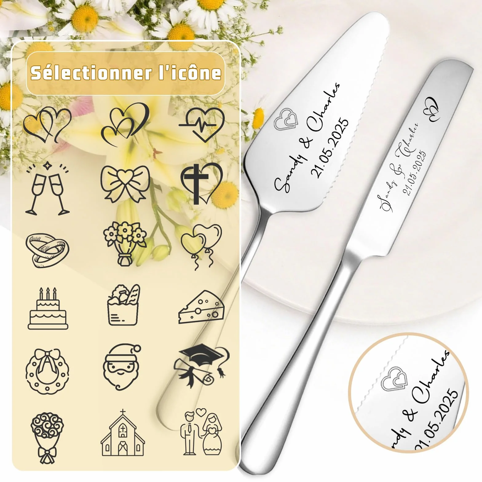 Ensemble Couteau et Pelle à Gâteau Gravés Personnalisés Mariage Cadeau Anniversaire Saint-Valentin Noël Argent