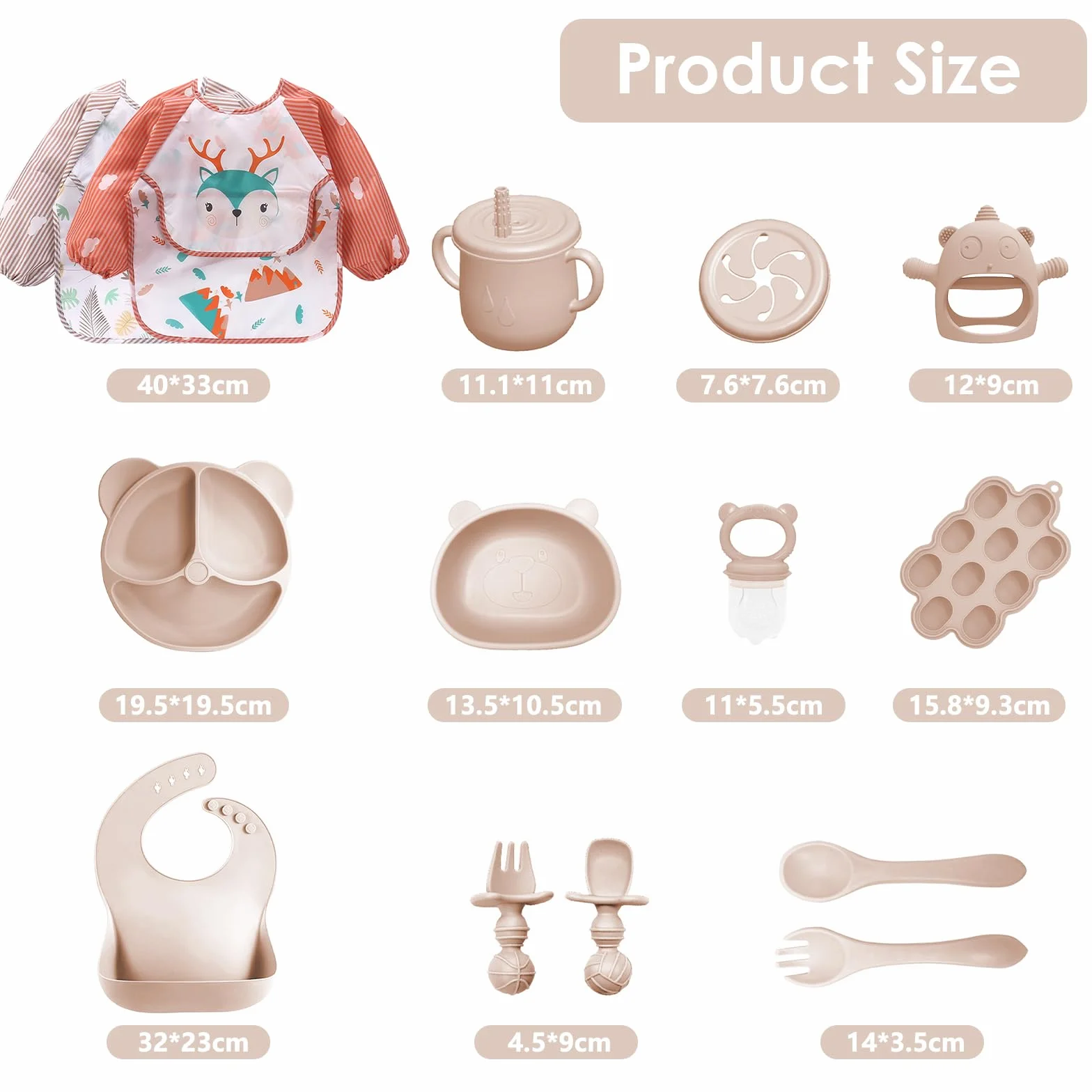 Coffret Repas Bebe Silicone 14 pièces Assiette Bol Fourche Cuillère Bavoir Tasse Set Couverts Vaisselle Sevrage Manger Beige
