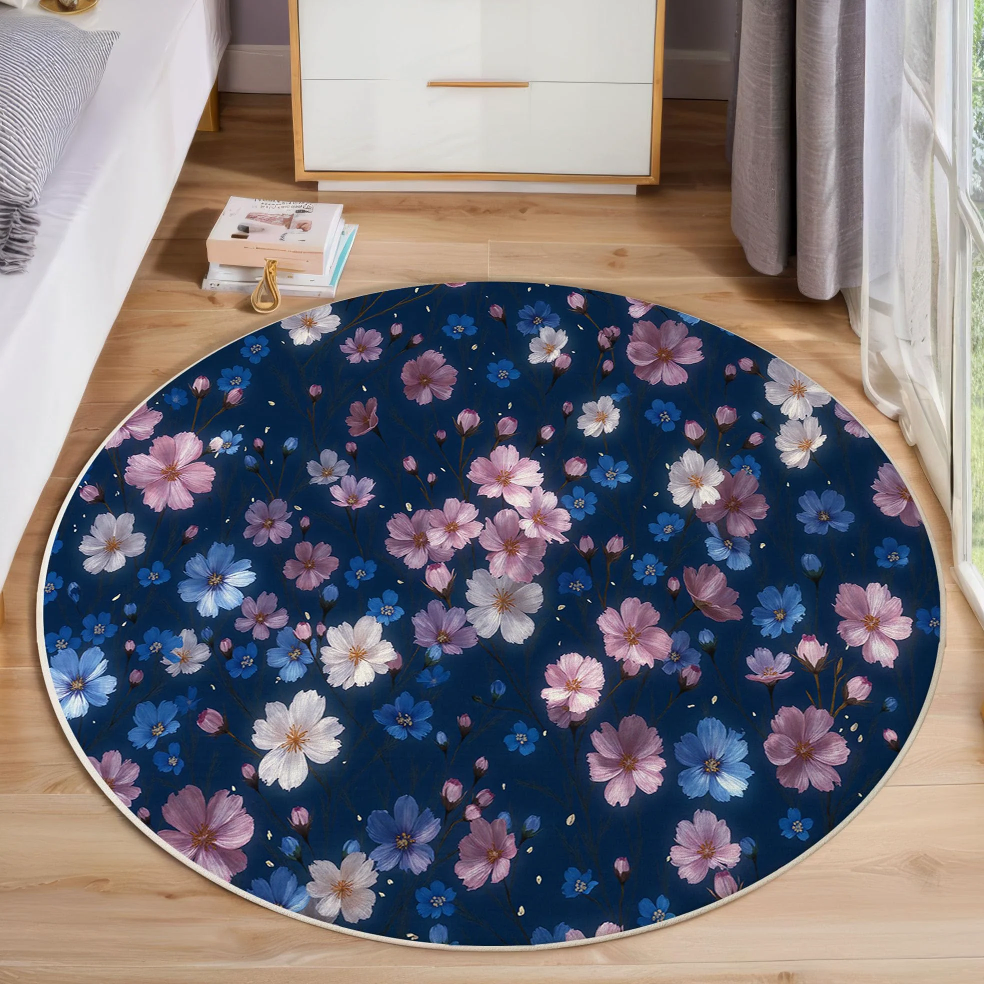 Tapis Rond Fleurs Printanières Romantiques Ciel Étoilé Végétal - Moquette Lavable Poils Courts Doux Antidérapant Pour Chambre À Coucher Salon Vestibule Entrée Chambre D'Enfant, Bleu Marine 100 Cm