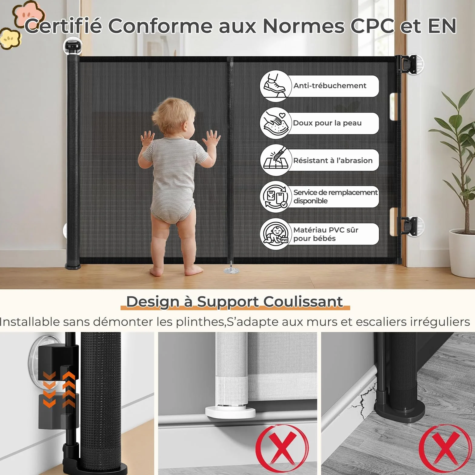 Ycozy Barriere de Securite Enfant sans Perçage 0-150cm Rétractable Chien Barres Renforcées Escalier Intérieur Extérieur