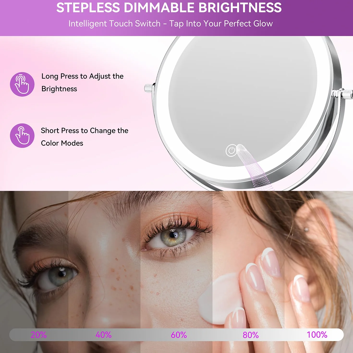 Auxmir Miroir Grossissant Lumineux 1X/30X Double Face, Miroir de Maquillage Réglable 38-47 cm, 3000mAh USB, 3 Couleurs, Rotation 360°