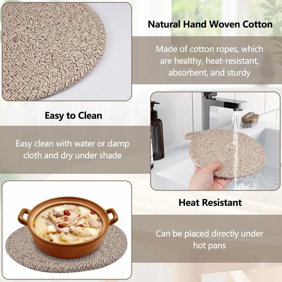Lot de 4 Dessous de Plats Résistants à la Chaleur 20 cm en Coton Tissé Ronds pour Casseroles Poêles