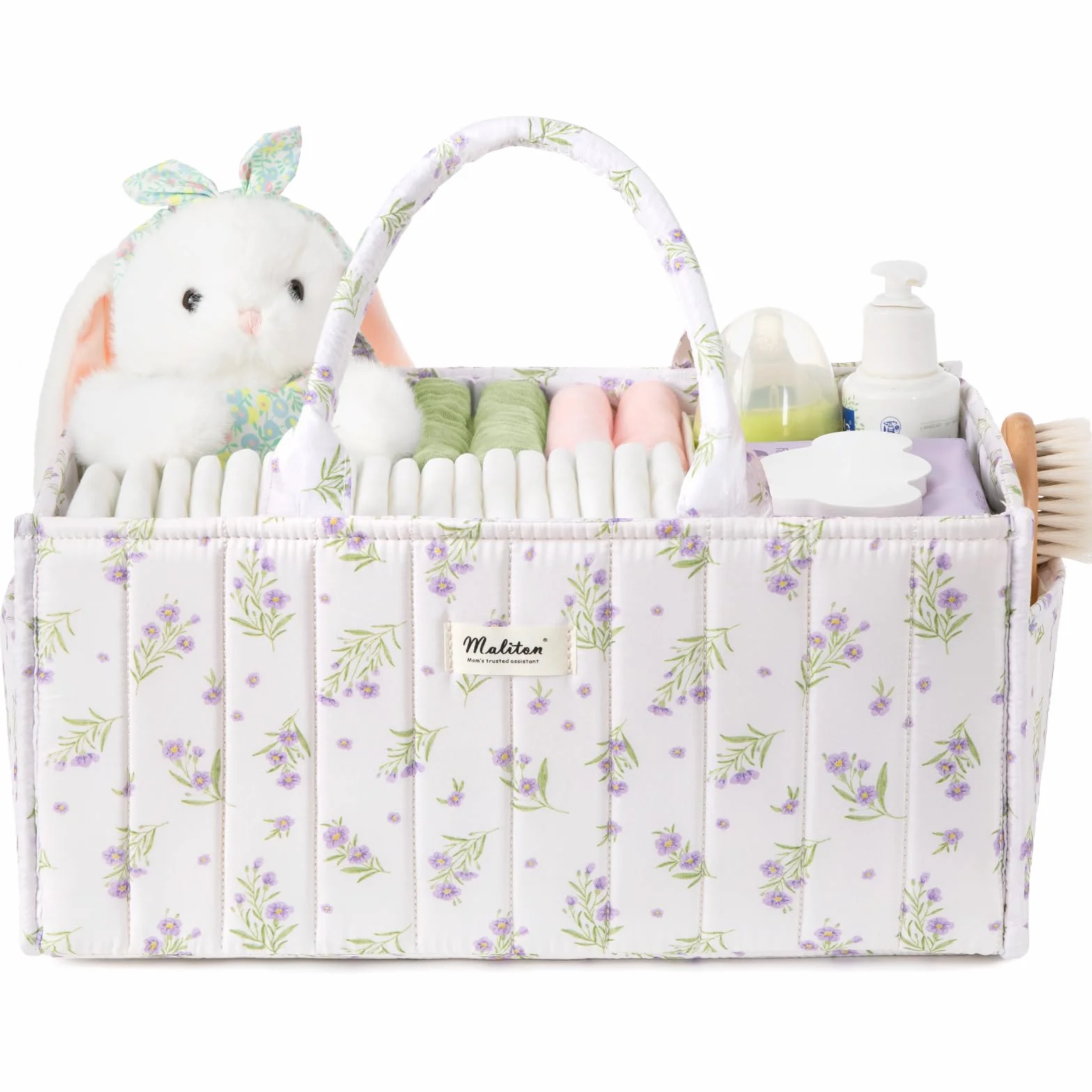 Maliton Panier Rangement Bébé Organiseur Table à Langer avec Compartiments et Poignées, Fleurs violettes