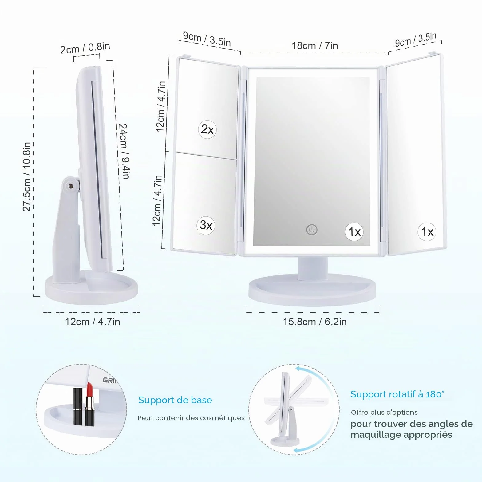 GRIFEMA GF1001W Miroir lumineux grossissant pliable 2X/3X rotation 180° batterie USB blanc
