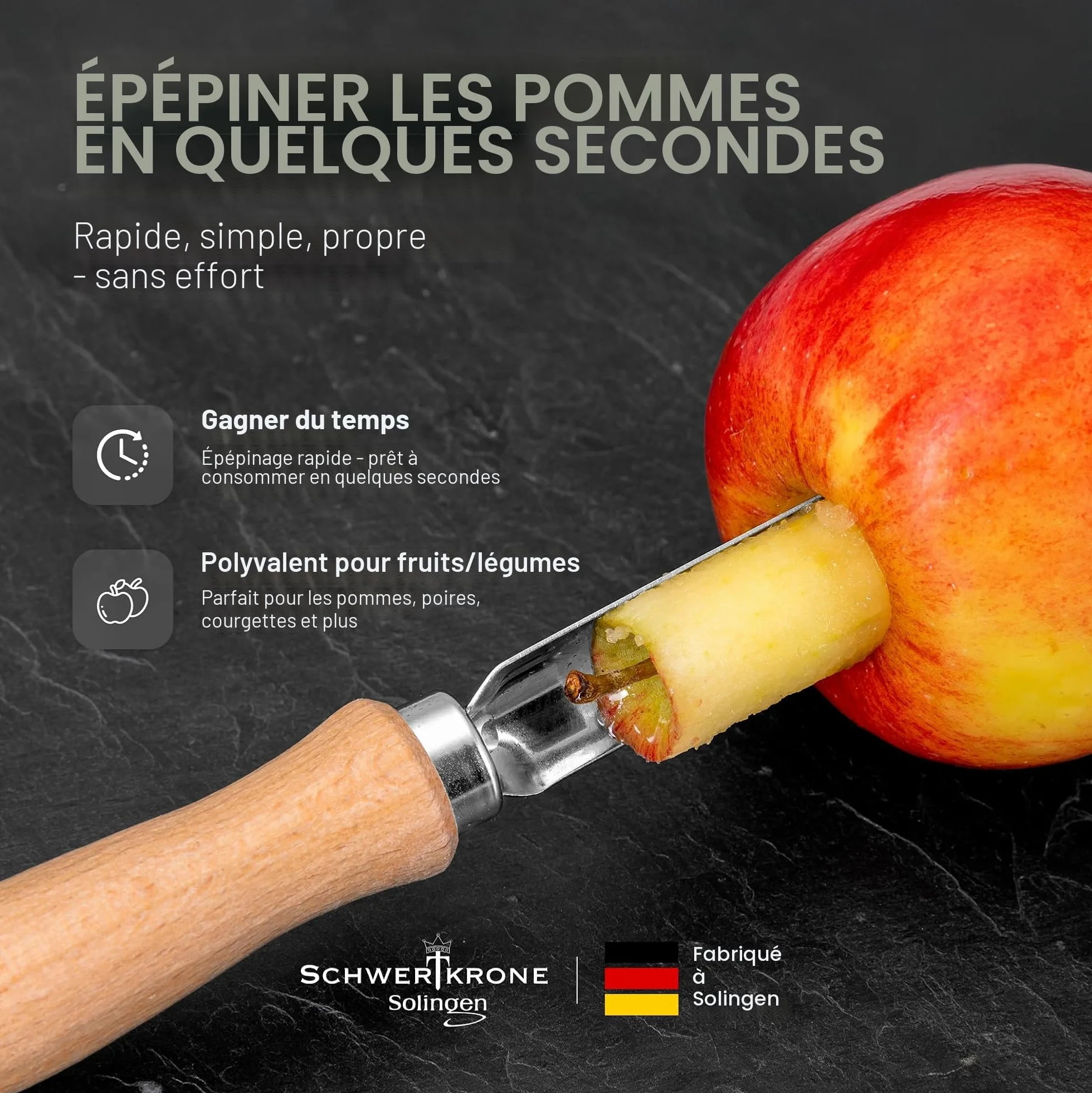 SCHWERTKRONE® Vide Pomme MADE IN GERMANY Éplucheur de Pommes Enleve Trognon Evideur & Denoyauteur Pomme Bois de Hêtre