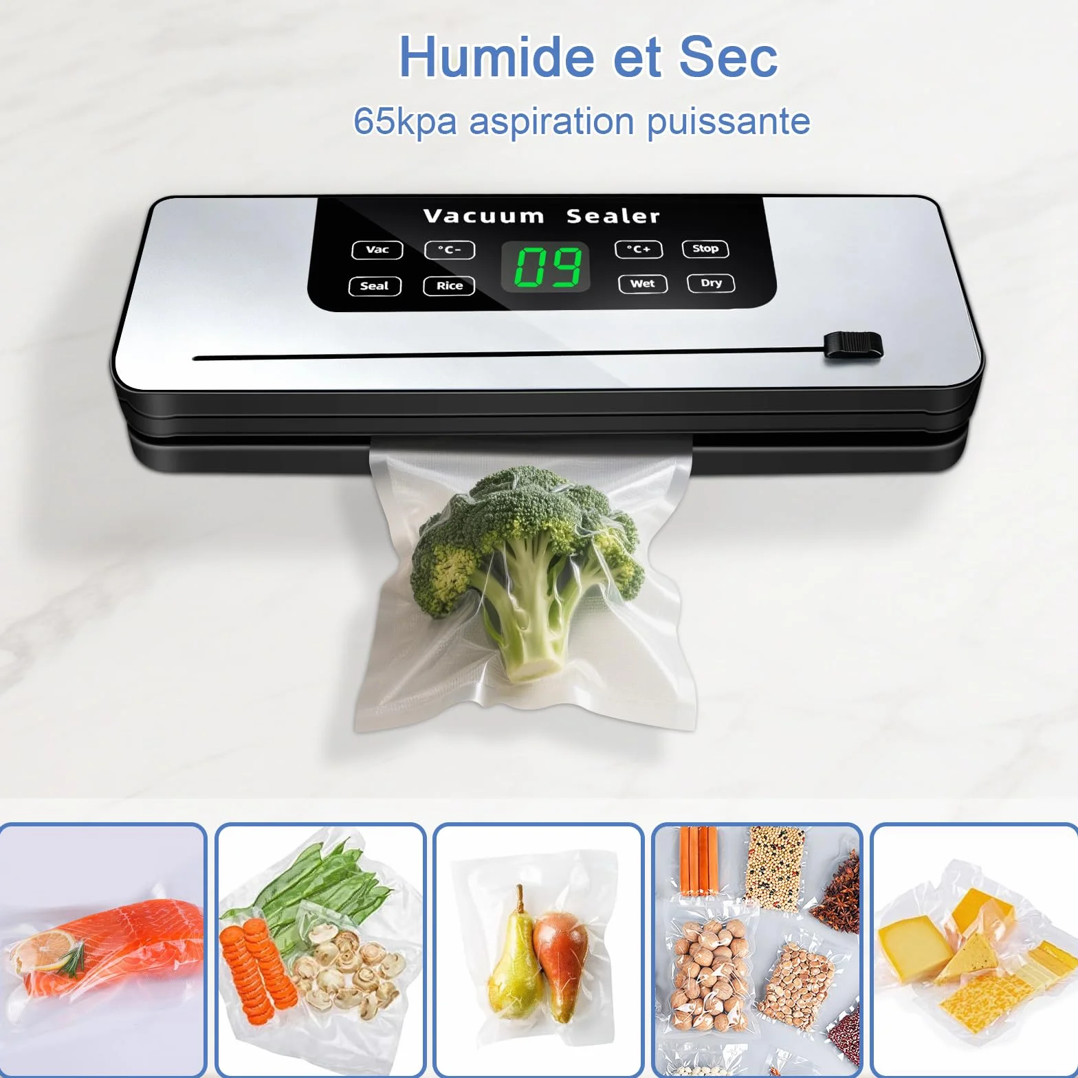 Machine Sous Vide Alimentaire 7 en 1, Automatique Secs et Humides, Professionnel avec Couteau de Coupe, 20 Sacs et Tube