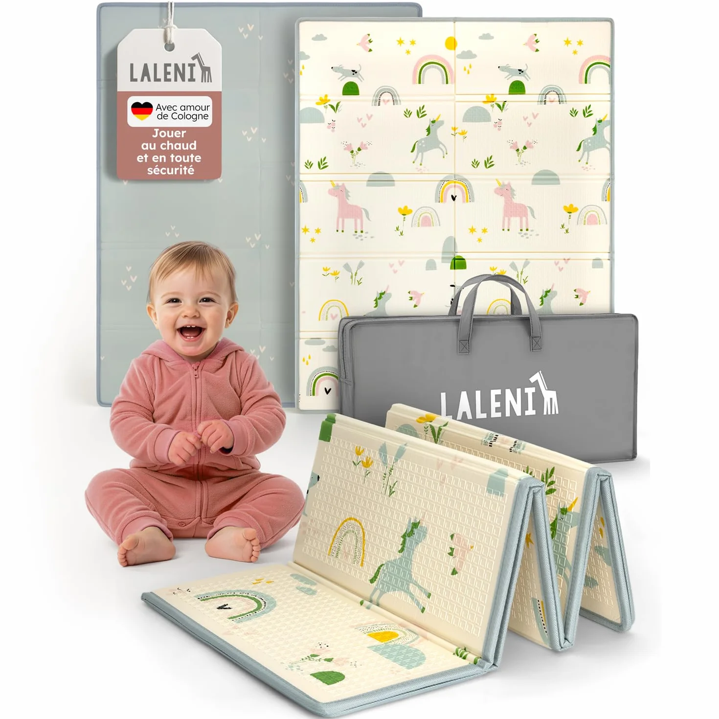 Tapis d’éveil bébé imperméable 120 x 150 x 1 cm pliable réversible antidérapant arc-en-ciel