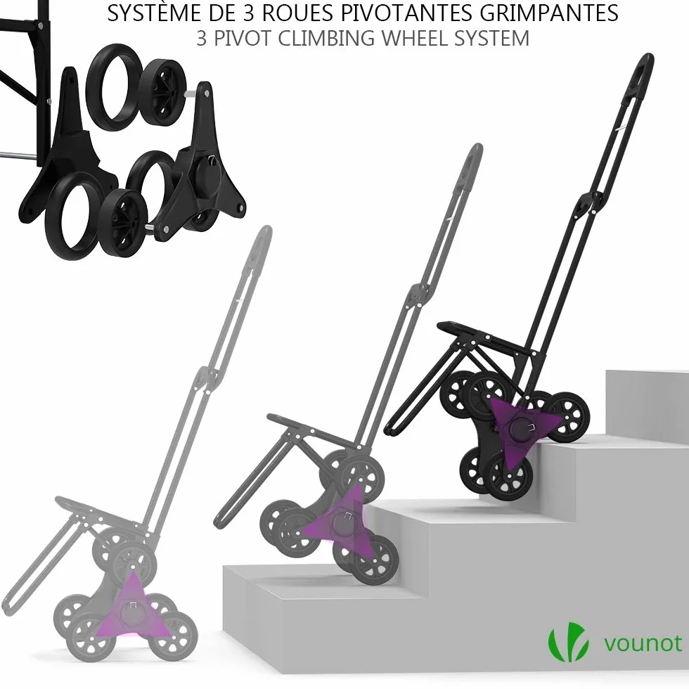 VOUNOT Chariot de Courses Solide Pliable 3 en 1 avec Compartiment Isotherme 6 Roues 35 L Charge Max 30 kg Noir 104 x 45 x 40 cm