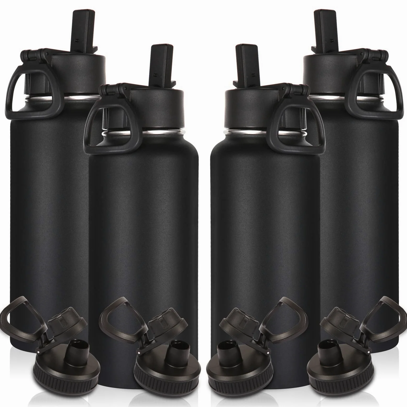 Volhoply 1l Gourde Inox avec Paille 4 Paquets, 1 litre Bouteille Isotherme Café Double Paroi avec Deux Couvercles Sans BPA, Bottle Réutilisable en Métal Étanche pour Sport, Adulte(Noir,4 Set)