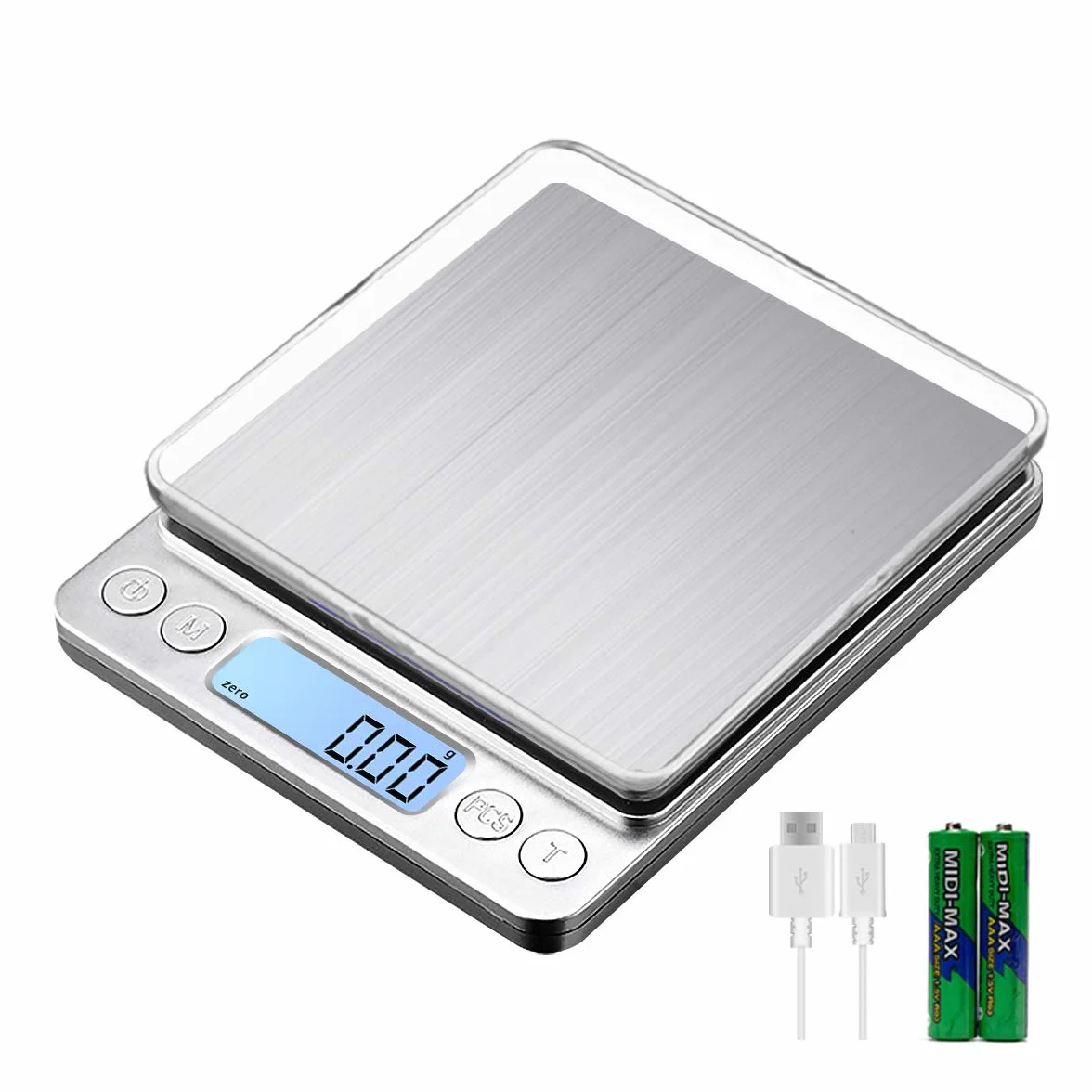 Balance de cuisine numérique de précision - Charge USB - 1 kg - 0,01 g - Haute précision - En acier inoxydable - Surface de pesée - Idéale pour bijoux, pièces de monnaie, poudre