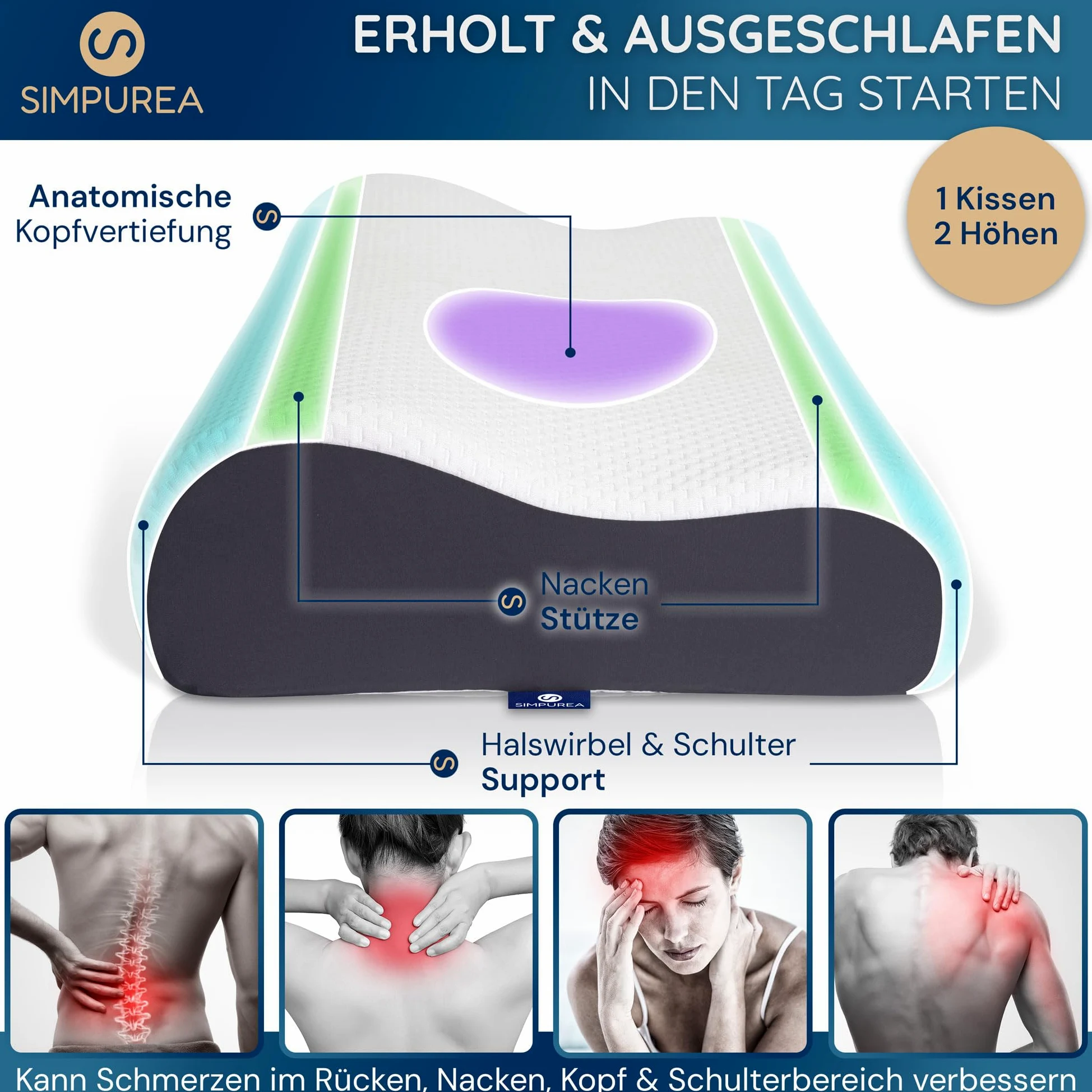 Oreiller orthopédique « Panda » - Oreiller cervical ergonomique avec mousse à mémoire de forme respirante et trous d'aération - Pour les personnes dormant sur le dos, sur le côté et sur le