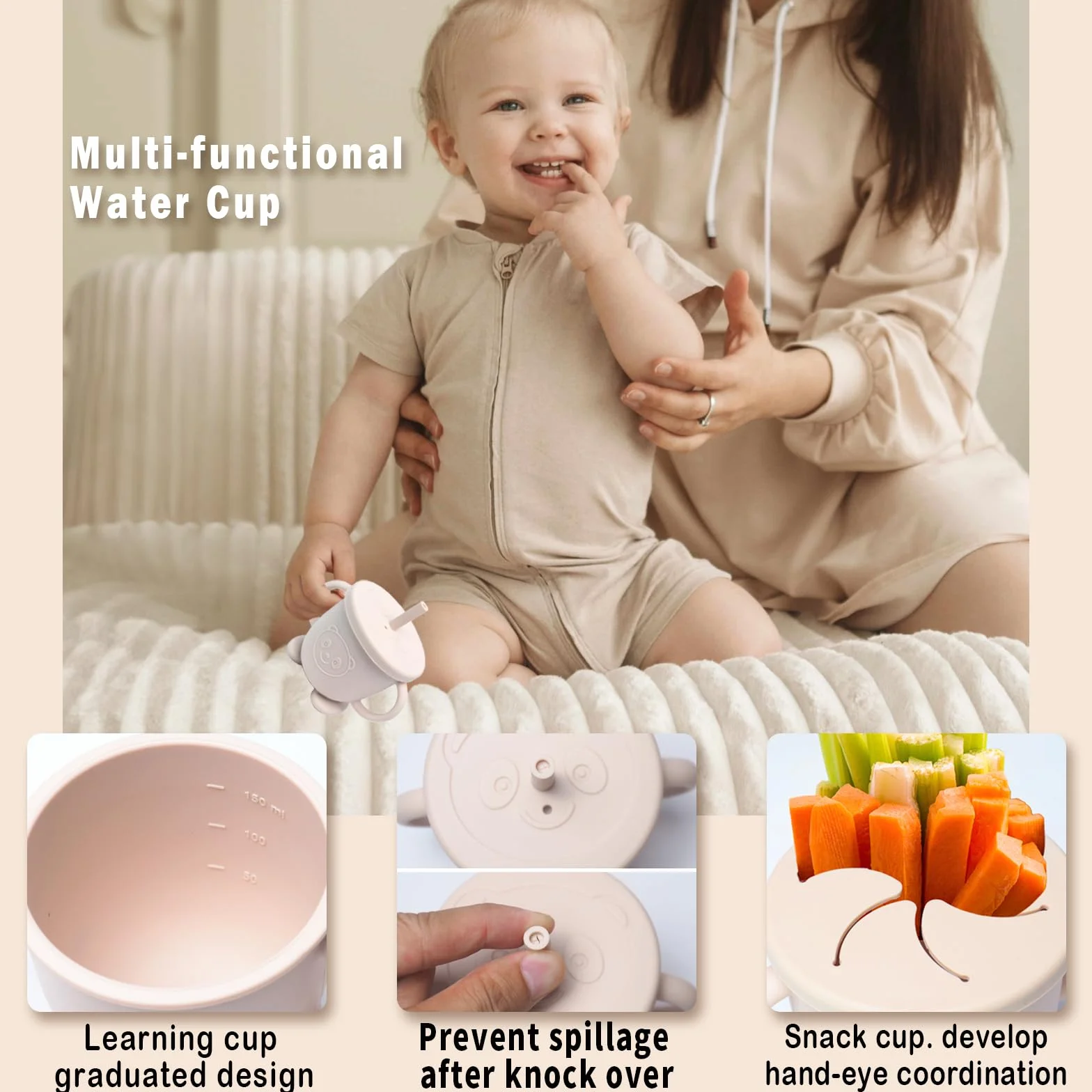 Coffret Repas Bebe Silicone Set Vaisselle Assiette Ventouse Bavoir Couverts Enfant Sevrage Manger Beige