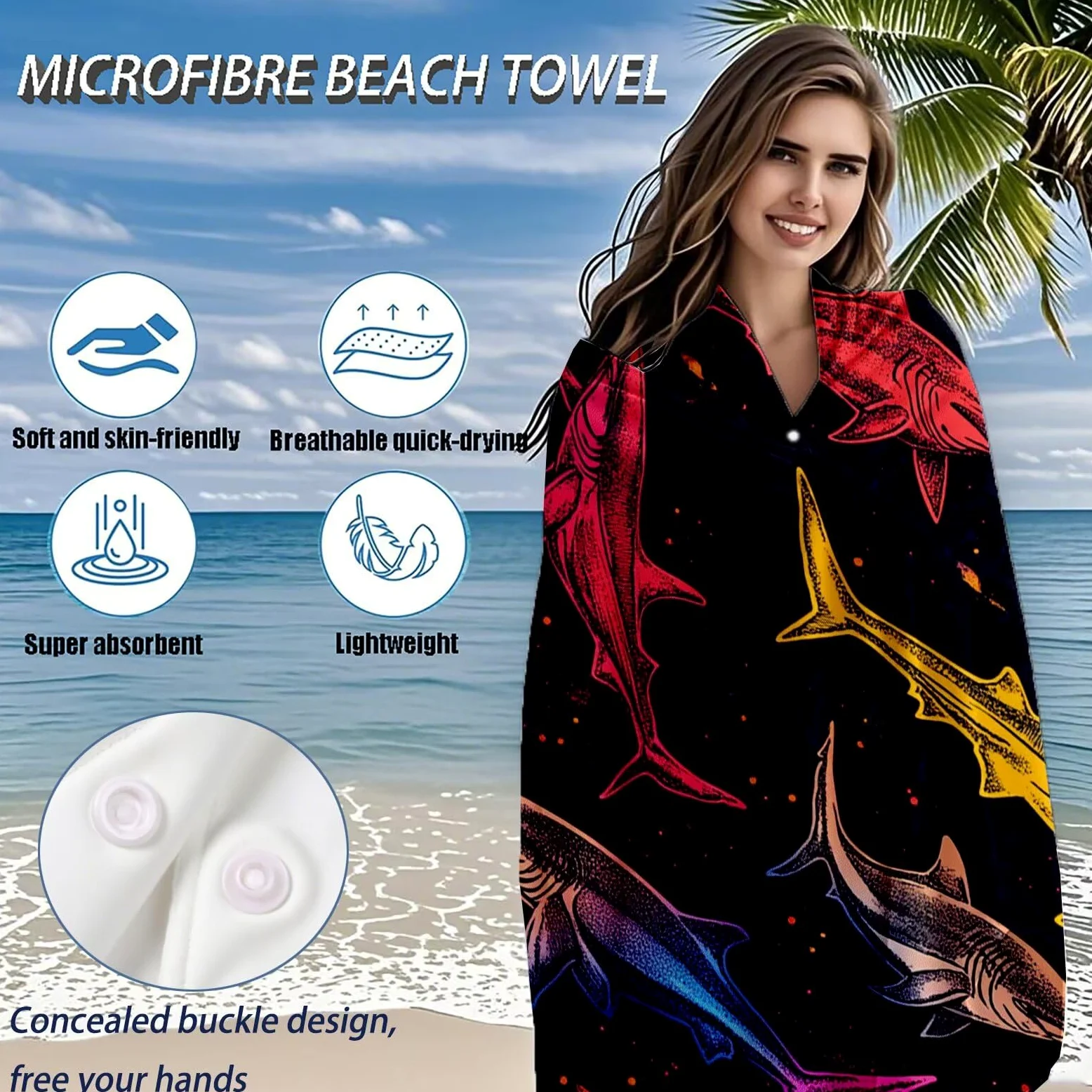 Serviette Plage Poisson Motif, Serviette de Plage XXL 100x180 avec Sac, Serviettes de Bain Microfibre Séchage Rapide Anti-Sable Absorbante Fonction pour Bain, Sport, Voyages, Sauna, Piscine Q-628