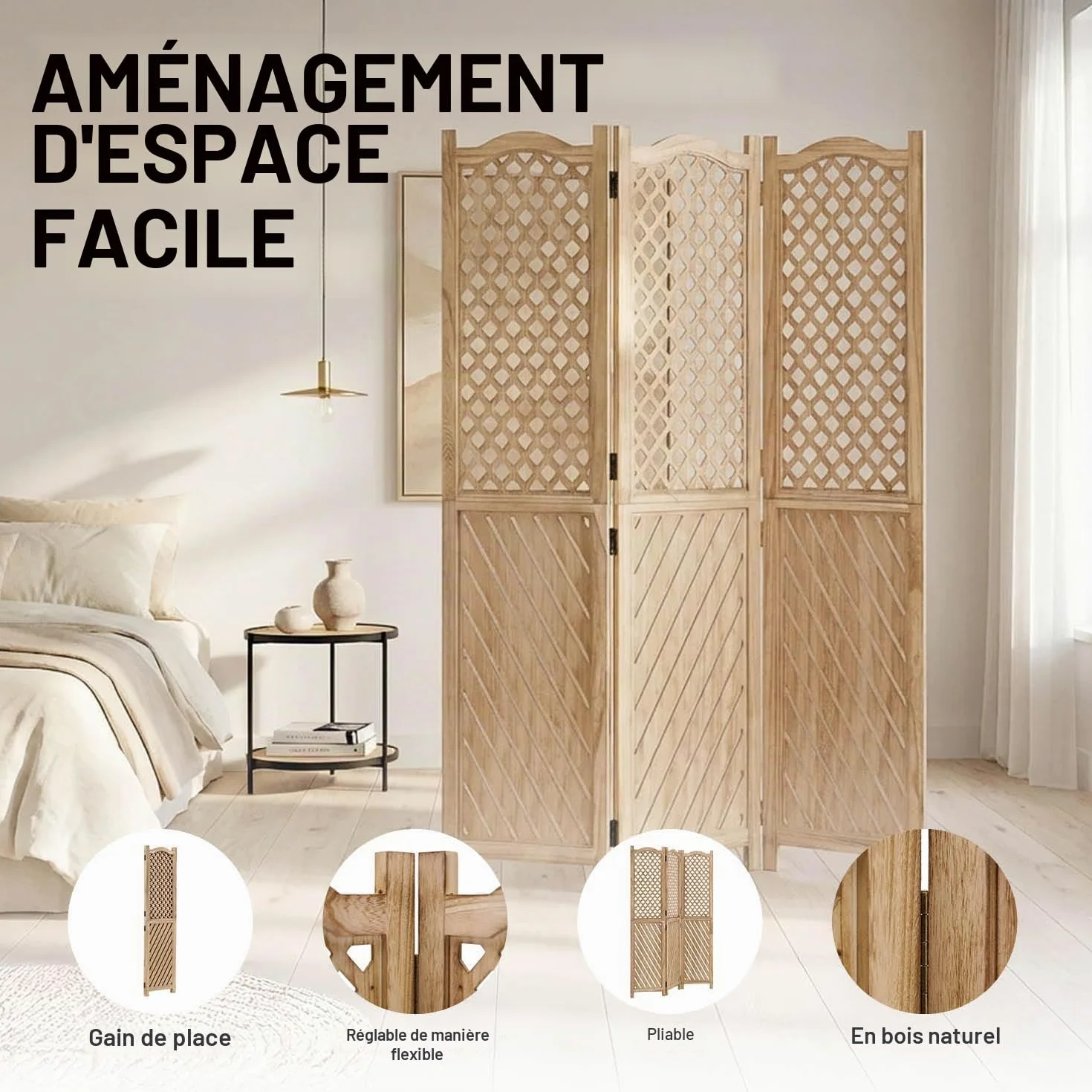 Homestyle4u 2014 Paravent 3 panneaux en bois naturel, protection visuelle espagnole