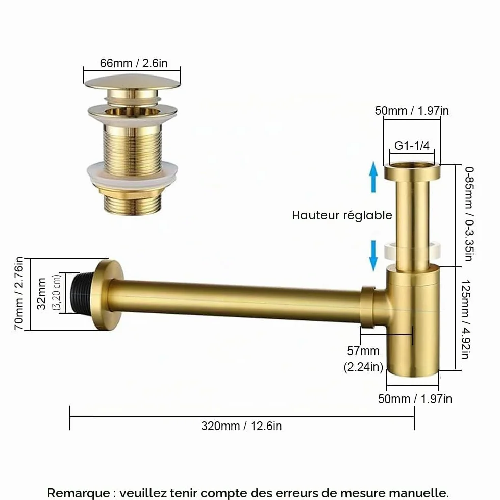 Siphon de bouteille en acier inoxydable pour lavabo de cuisine et salle de bain - Siphon en P - Or brossé