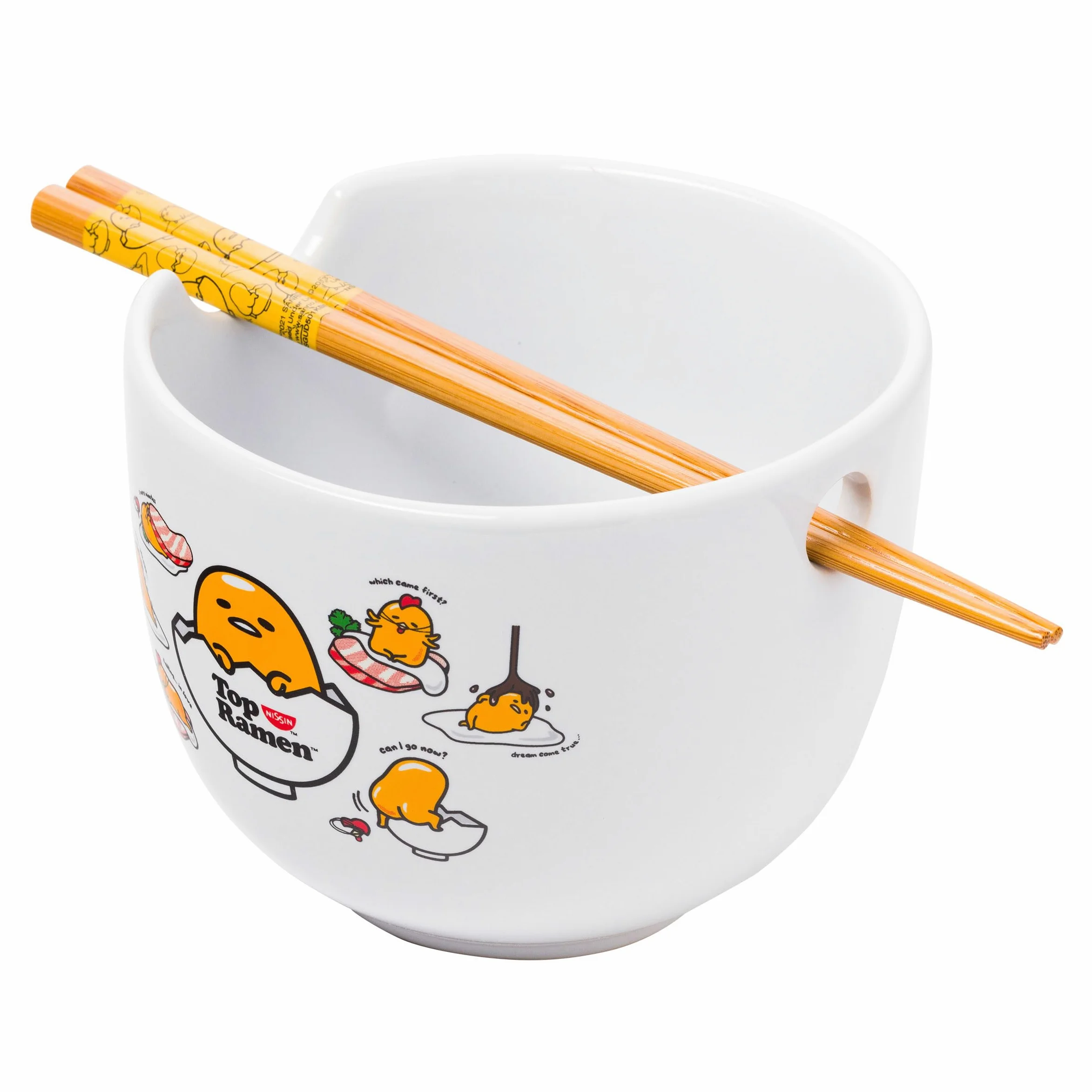 Silver Buffalo Sanrio Gudetama Lazy Egg Poses Top Ramen Nissin Bol à riz en céramique avec baguettes Passe au micro-ondes 590 ml