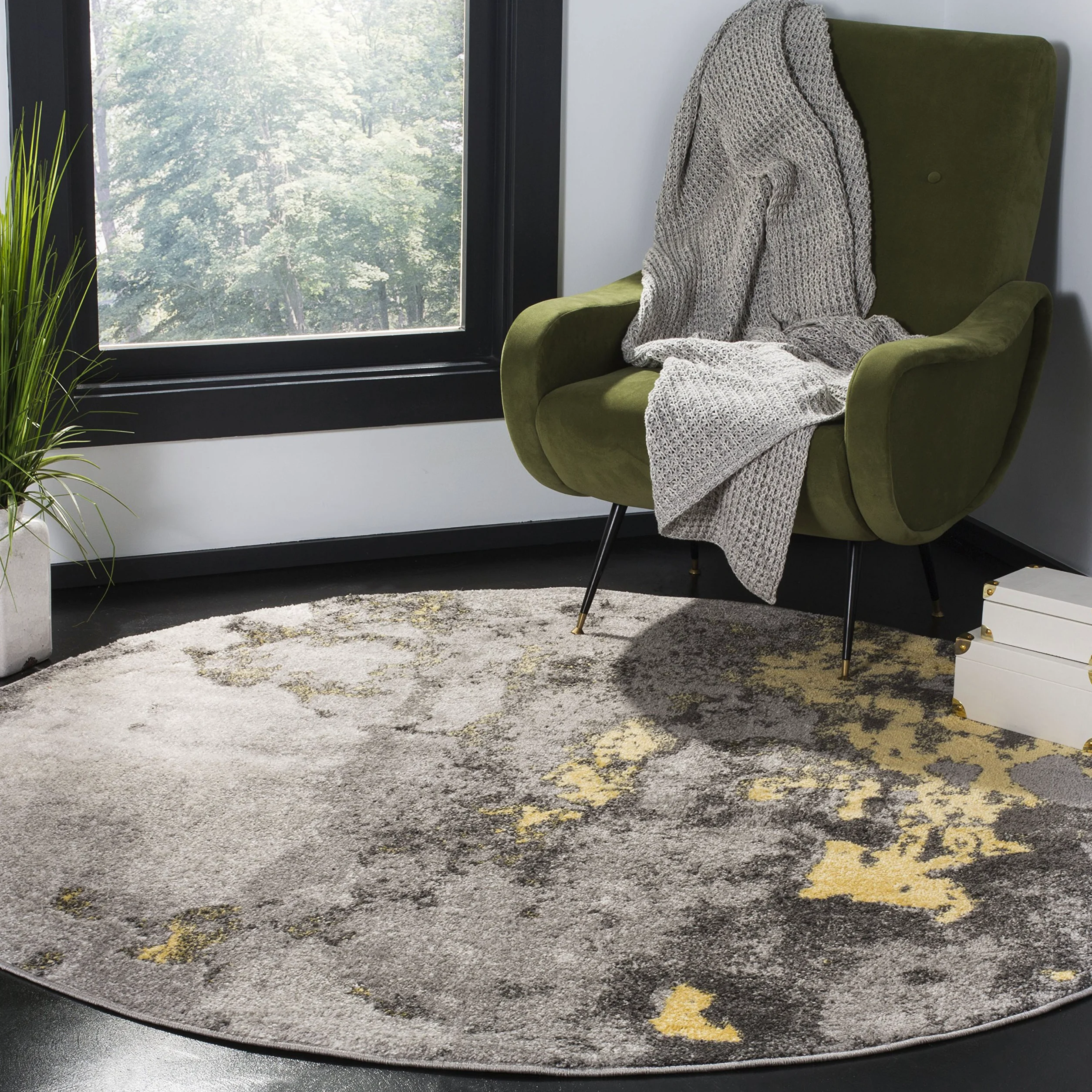 SAFAVIEH Tapis Abstrait pour Salon, Salle à Manger, Chambre à Coucher - Adirondack Collection, Tapis à Poil Court, Gris et Jaune, 120 X 120 cm
