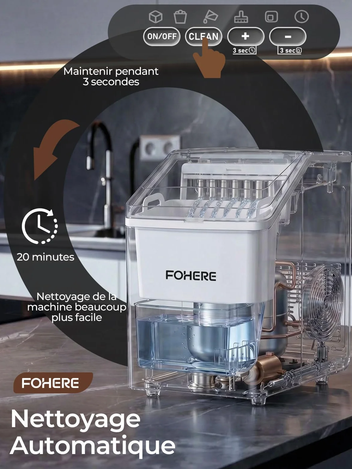 FOHERE Machine à Glaçons Acier Inoxydable 24kg/24h 24 Glaçons 10-15 Min Réservoir 3,2L Auto-Nettoyage Dégivrage Double Alimentation Eau 40 dB