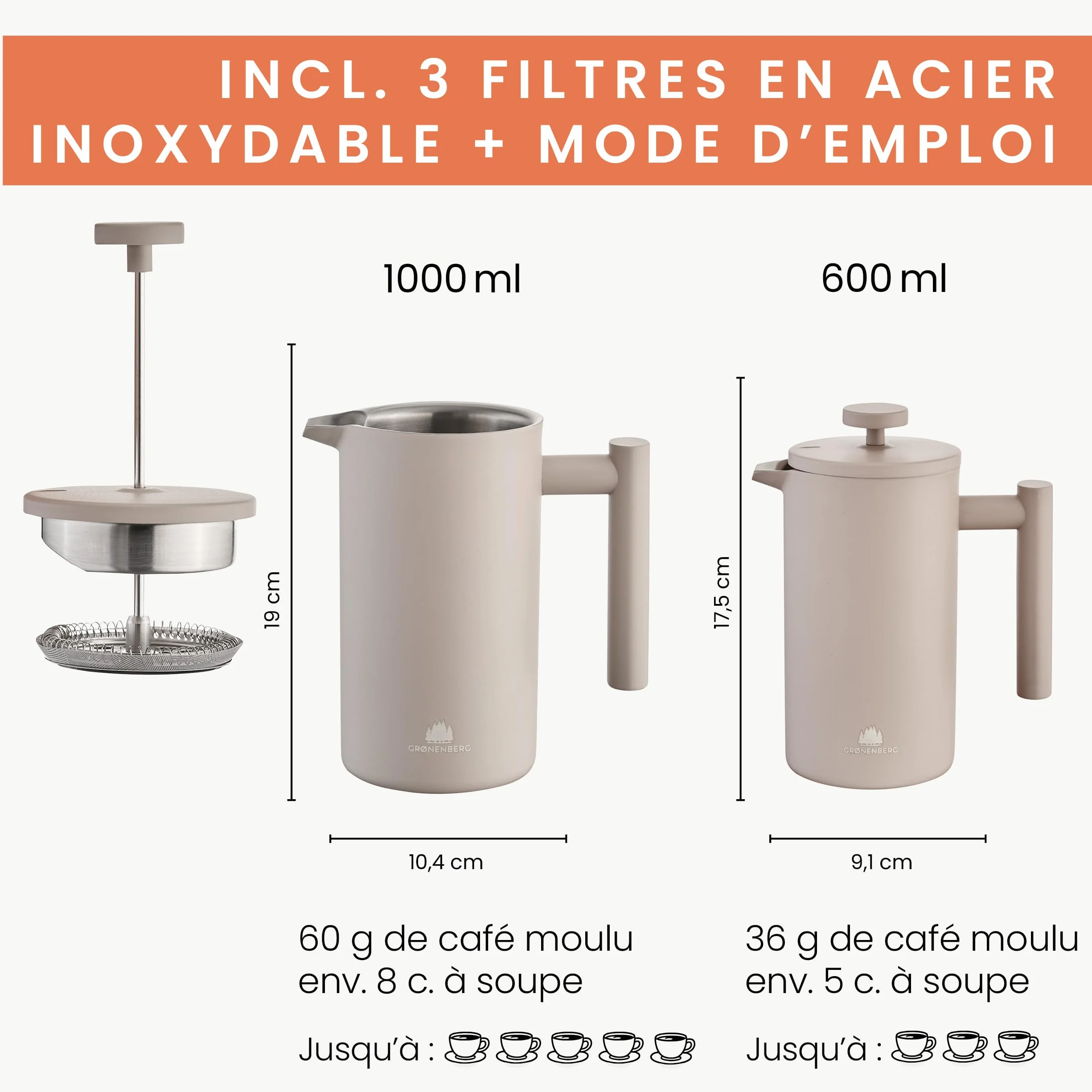 Groenenberg Cafetière à piston en acier inox French Press Earth 1 litre