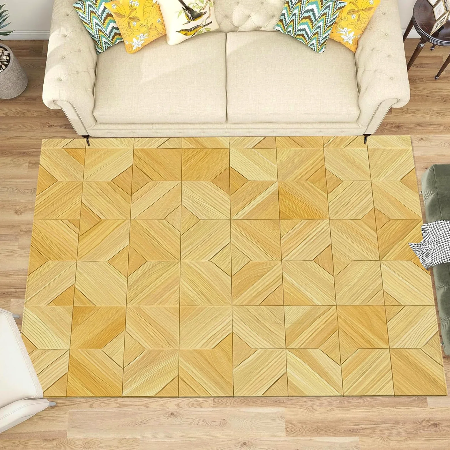Tapis Lavable Parquet, Antidérapant Géométrie Patchwork Rétro, Résistant Aux Taches pour Intérieur, Décoration pour Salon, Chambre À Coucher, Bureau - Jaune Clair - 80X150Cm