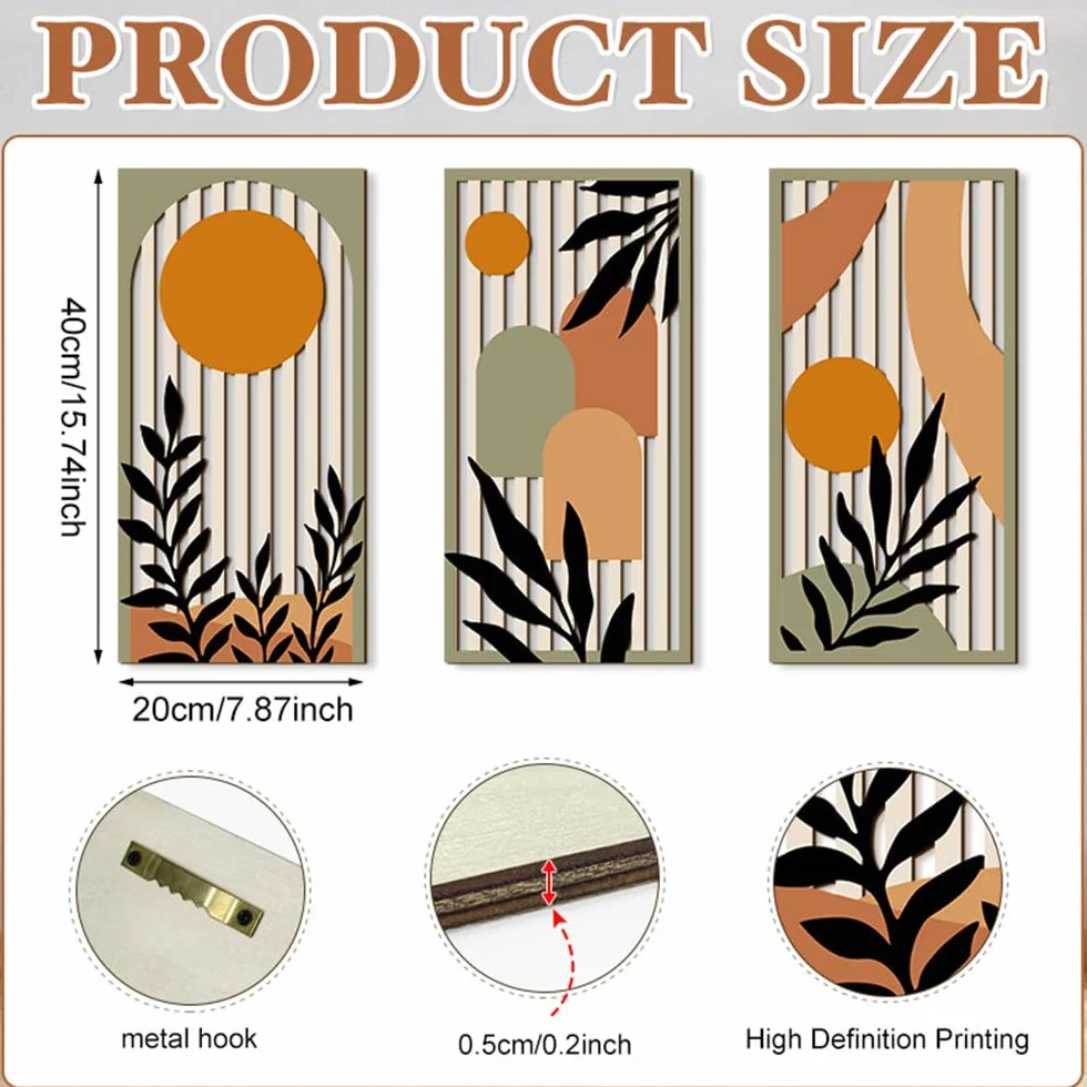 KiKiHong Décoration Murale en Bois Set de 3, Tableaux Murs Bois Motif Plantes & Géométrique Moderne 40 x 20 cm